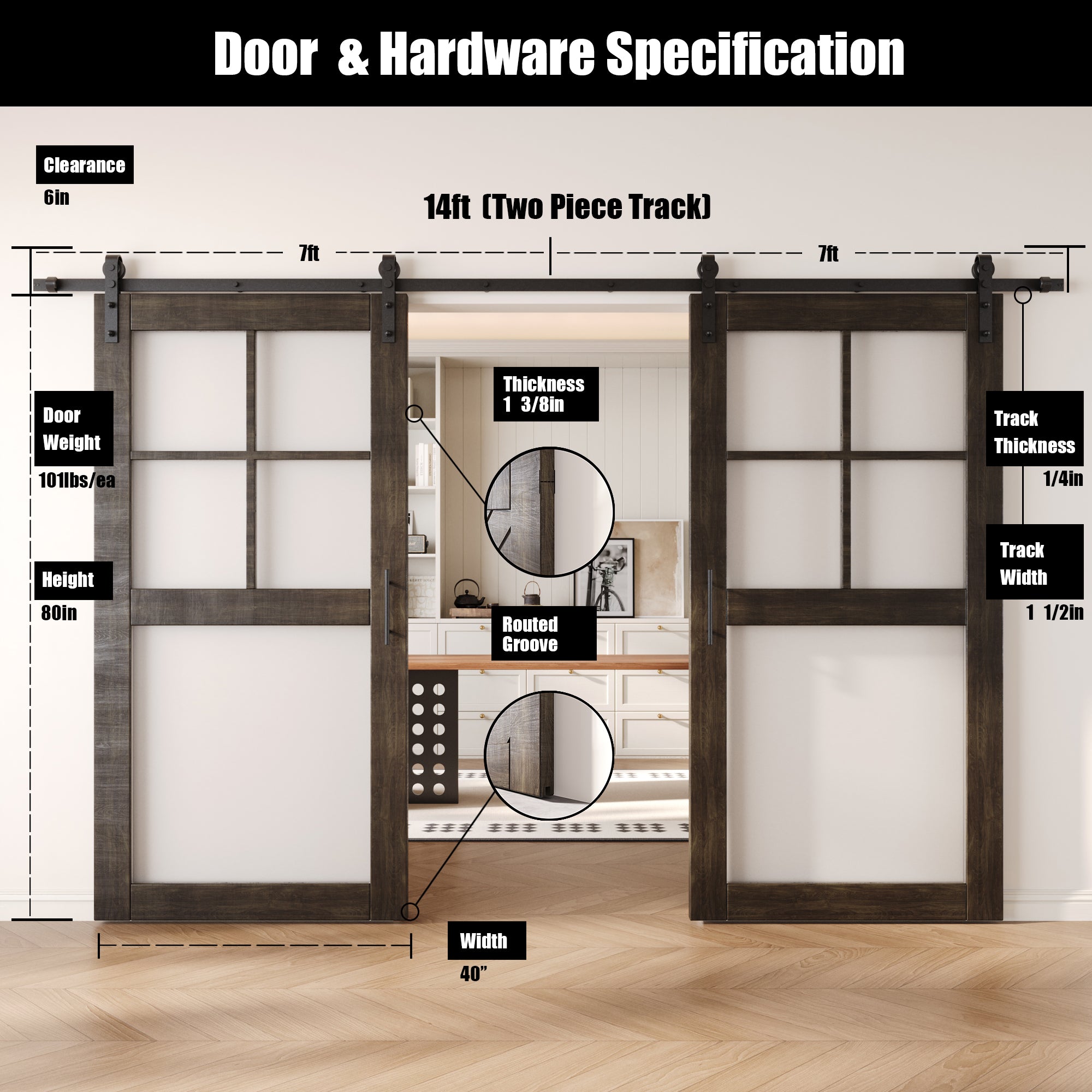 80" Height Ebony 5-Lite Frosted Glass Double Unassembled & Finished Pine Wood Barn Doors with Non-Bypass Installation Hardware Kit (Interior Use Only)