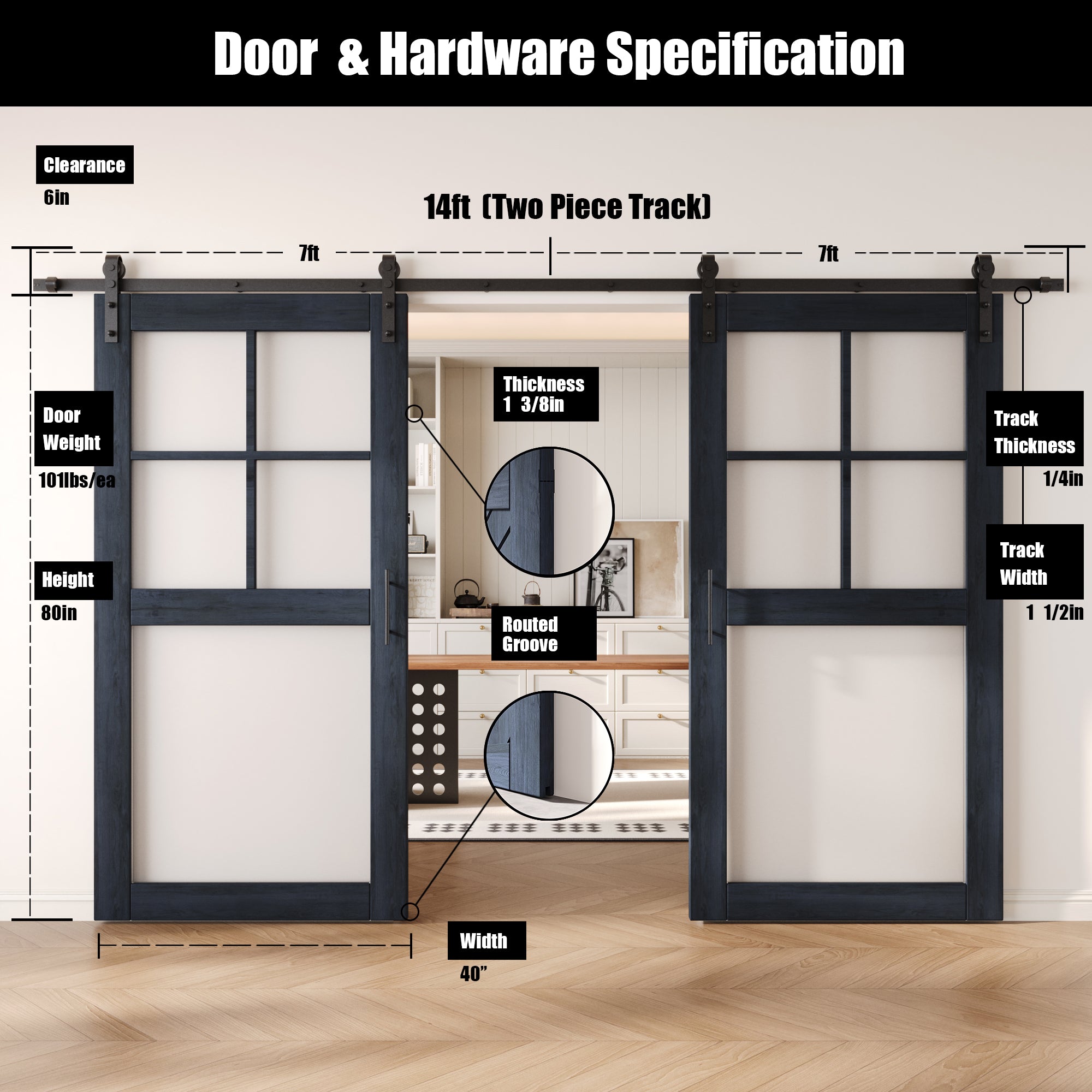 80" Height Navy 5-Lite Frosted Glass Double Unassembled & Finished Pine Wood Barn Doors with Non-Bypass Installation Hardware Kit (Interior Use Only)