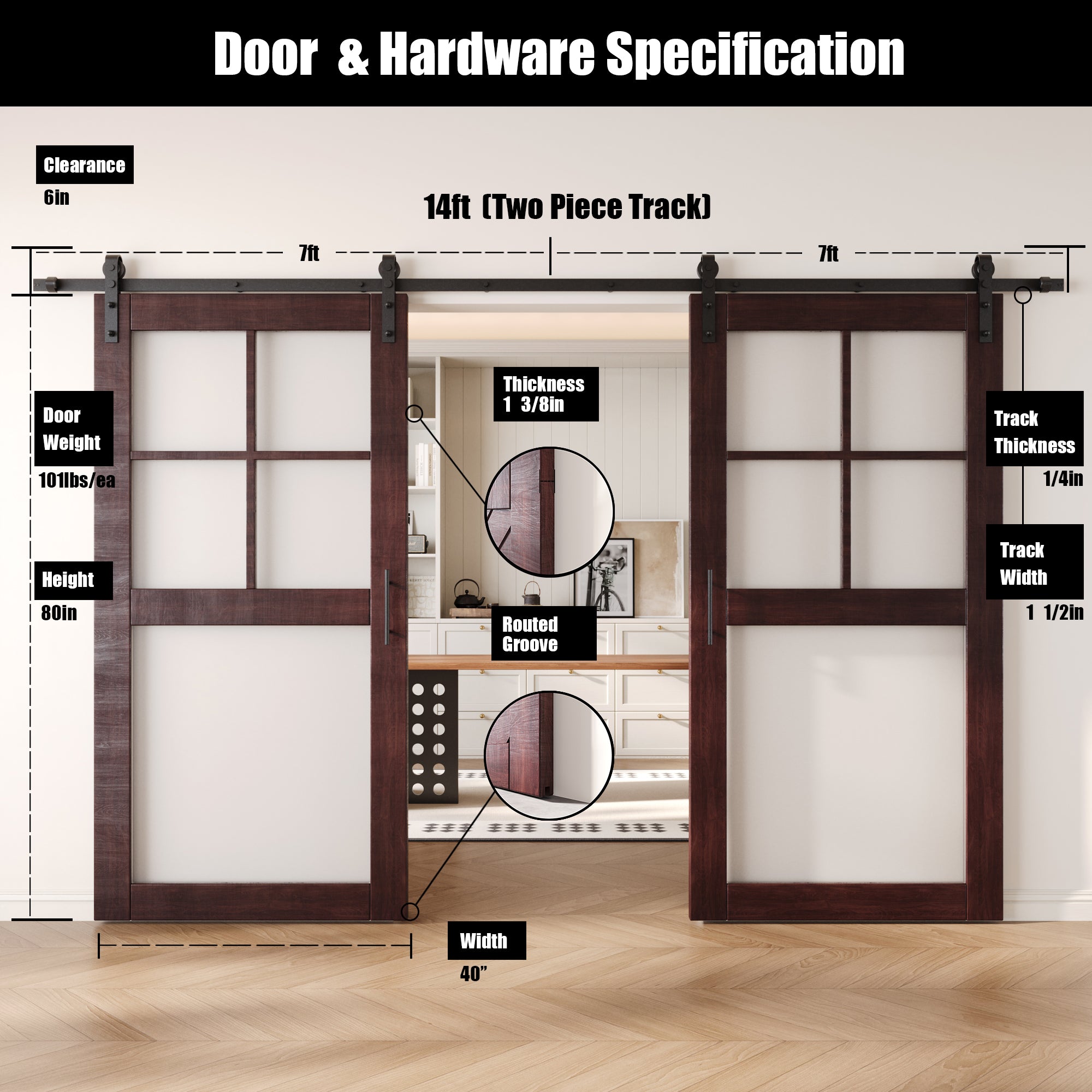80" Height Red Mahogany 5-Lite Frosted Glass Double Unassembled & Finished Pine Wood Barn Doors with Non-Bypass Installation Hardware Kit (Interior Use Only)
