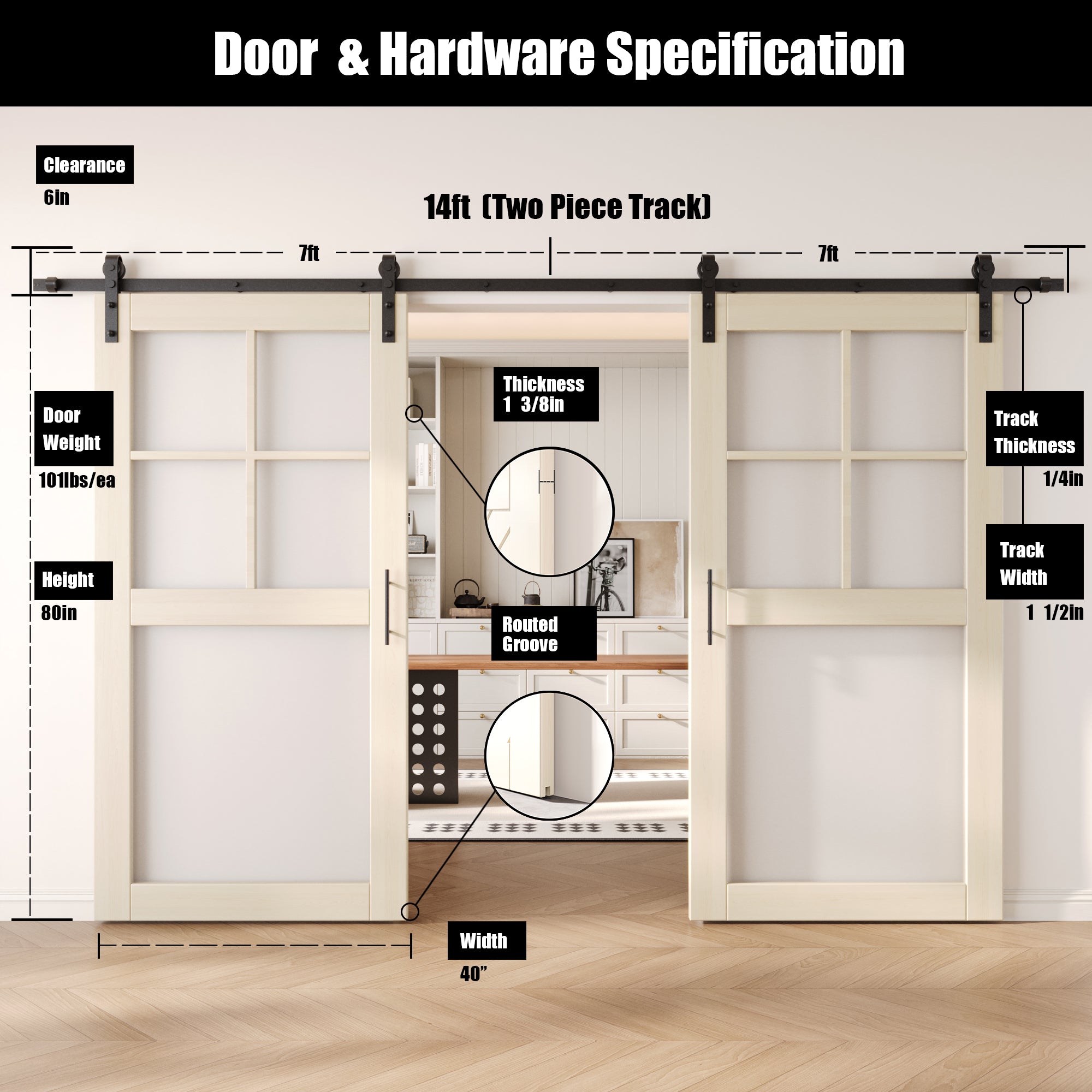 80" Height Tinsmith Gray 5-Lite Frosted Glass Double Unassembled & Finished Pine Wood Barn Doors with Non-Bypass Installation Hardware Kit (Interior Use Only)