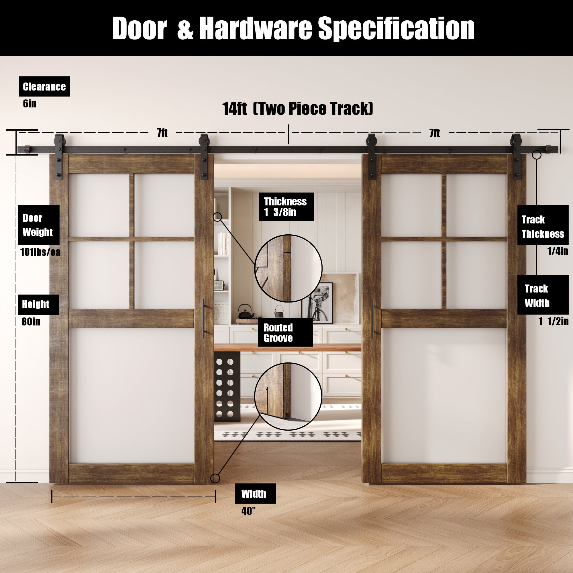 80" Height Dark Walnut 5-Lite Frosted Glass Double Unassembled & Finished Pine Wood Barn Doors with Non-Bypass Installation Hardware Kit (Interior Use Only)