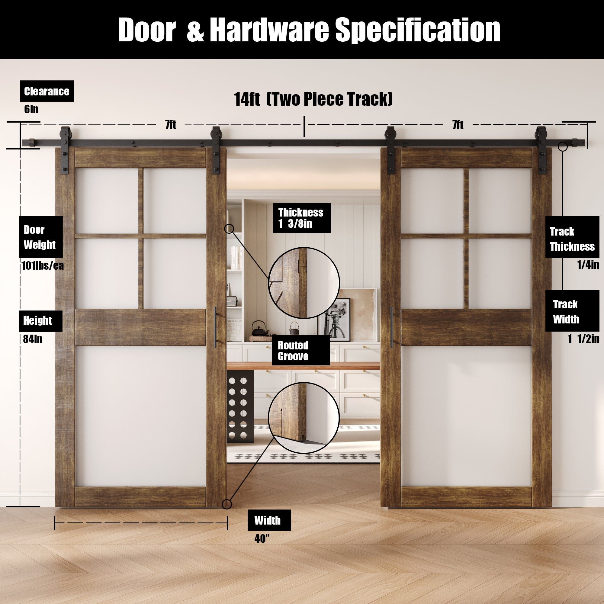 84" Height Dark Walnut 5-Lite Frosted Glass Double Unassembled & Finished Pine Wood Barn Doors with Non-Bypass Installation Hardware Kit (Interior Use Only)