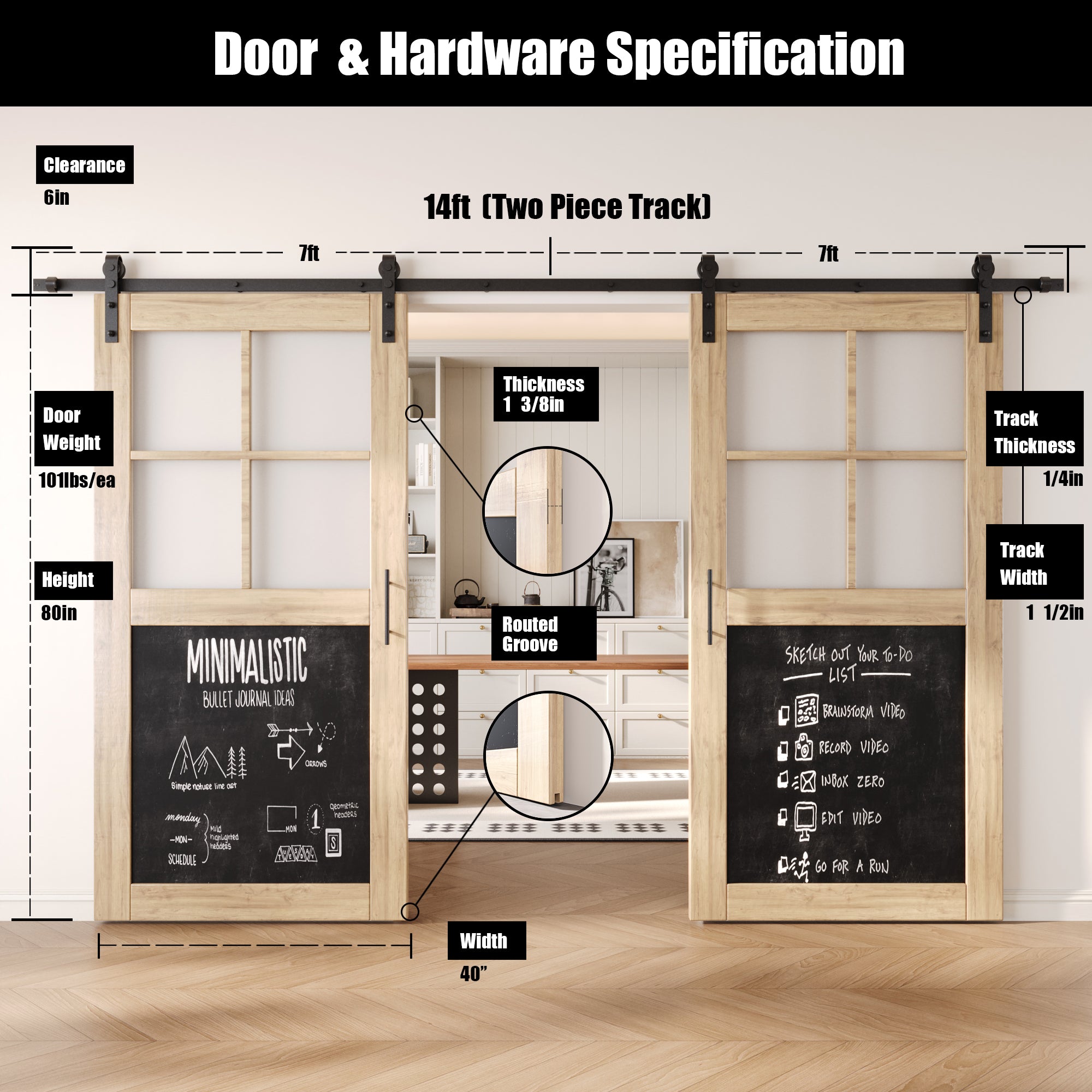 80" Height Half Lite Chalkboard Double Unassembled & Unfinished Pine Wood Barn Doors with Non-Bypass Installation Hardware Kit (Interior Use Only)