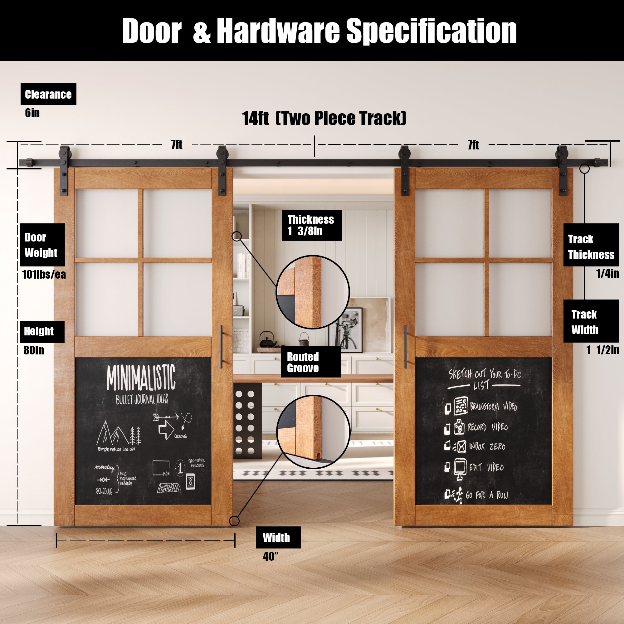 80" Height Half Lite Early American Chalkboard Double Unassembled & Finished Pine Wood Barn Doors with Non-Bypass Installation Hardware Kit (Interior Use Only)
