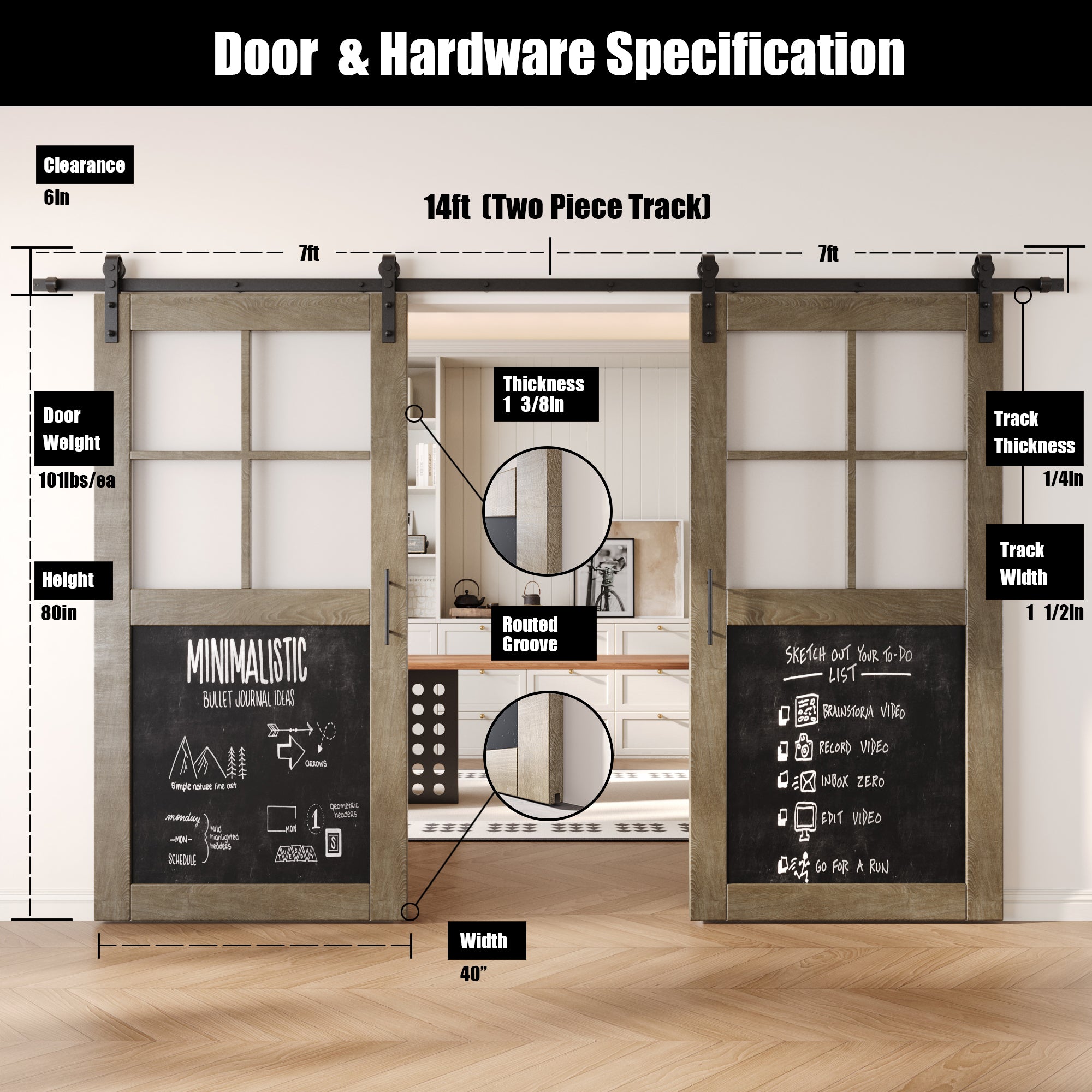 80" Height Classic Gray Half Lite Chalkboard Double Unassembled & Finished Pine Wood Barn Doors with Non-Bypass Installation Hardware Kit (Interior Use Only)