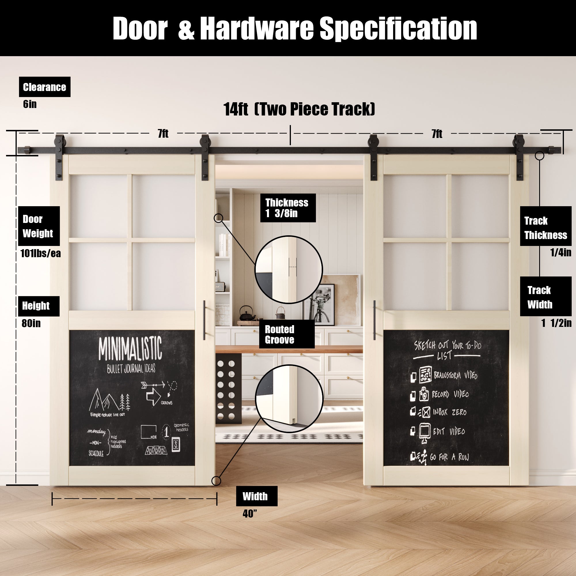 80" Height Half Lite Tinsmith Gray Chalkboard Double Unassembled & Finished Pine Wood Barn Doors with Non-Bypass Installation Hardware Kit (Interior Use Only)