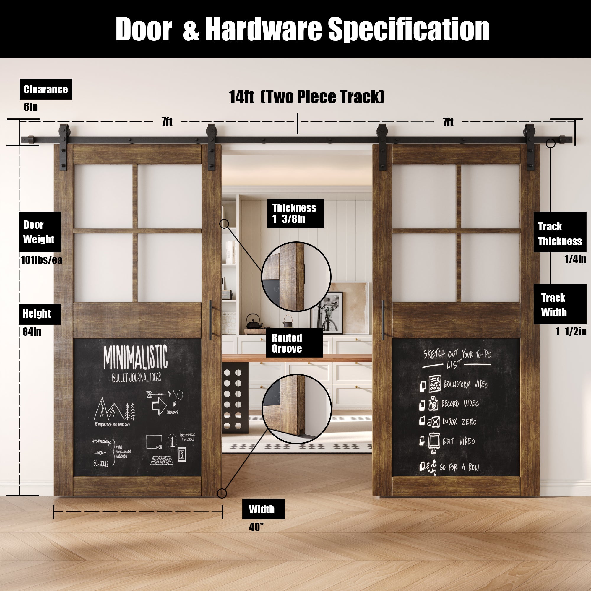 84" Height Dark Walnut Half Lite Chalkboard Double Unassembled & Finished Pine Wood Barn Doors with Non-Bypass Installation Hardware Kit (Interior Use Only)