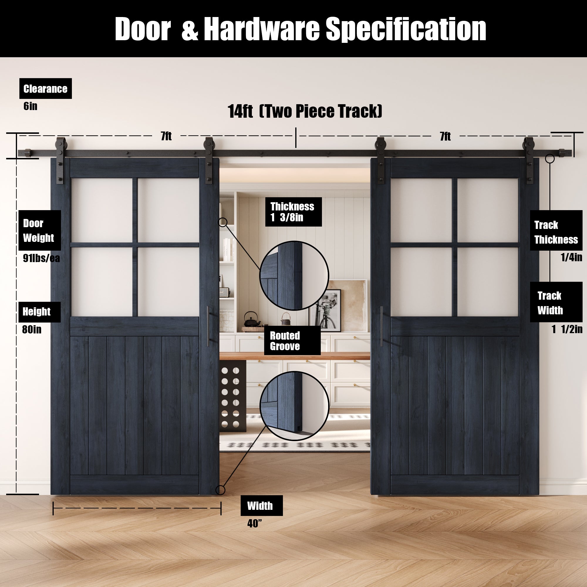 80" Height Navy Half Lite Grid Glass Double Unassembled & Finished Pine Wood Barn Doors with Non-Bypass Installation Hardware Kit (Interior Use Only)