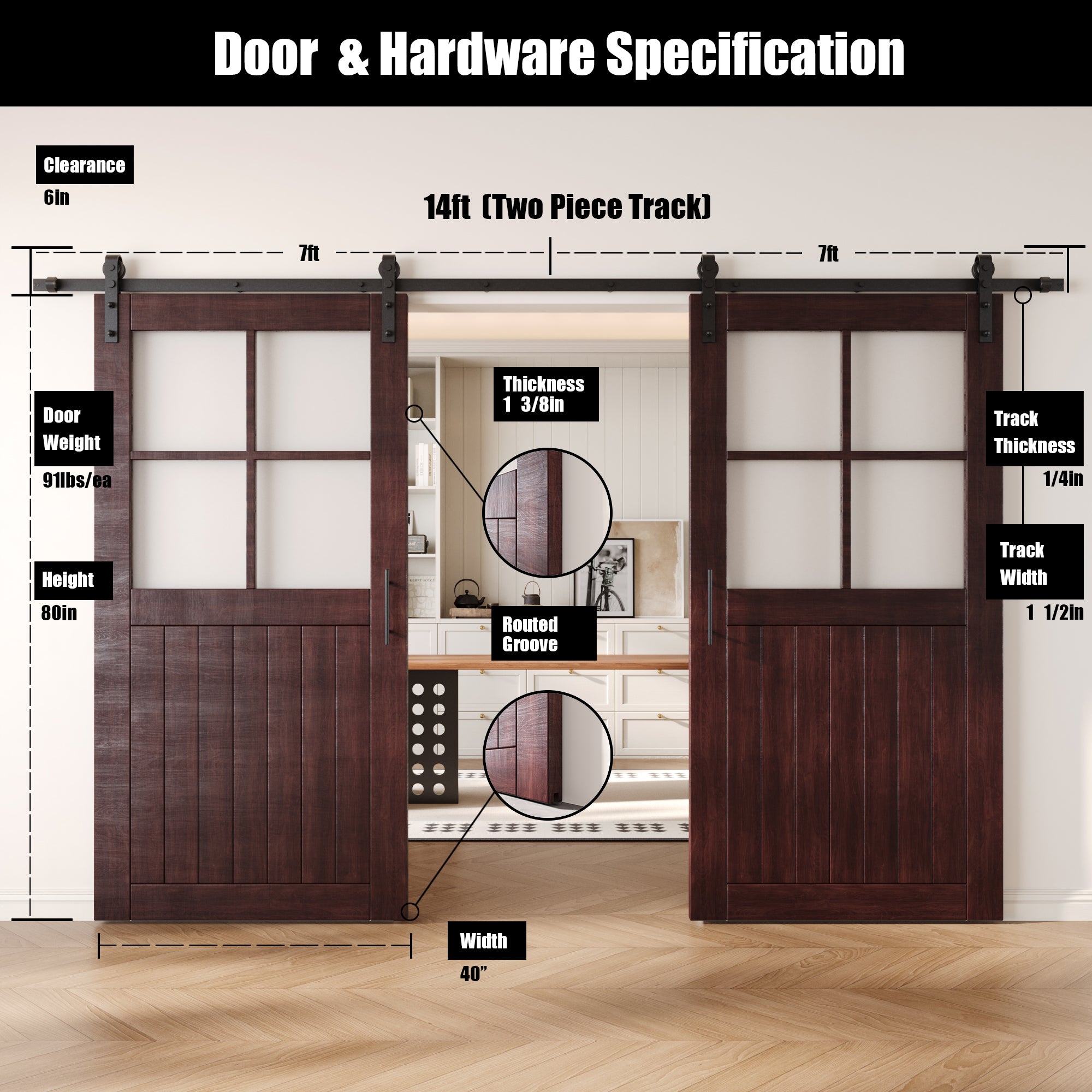 80" Height Red Mahogany Half Lite Grid Glass Double Unassembled & Finished Pine Wood Barn Doors with Non-Bypass Installation Hardware Kit (Interior Use Only)