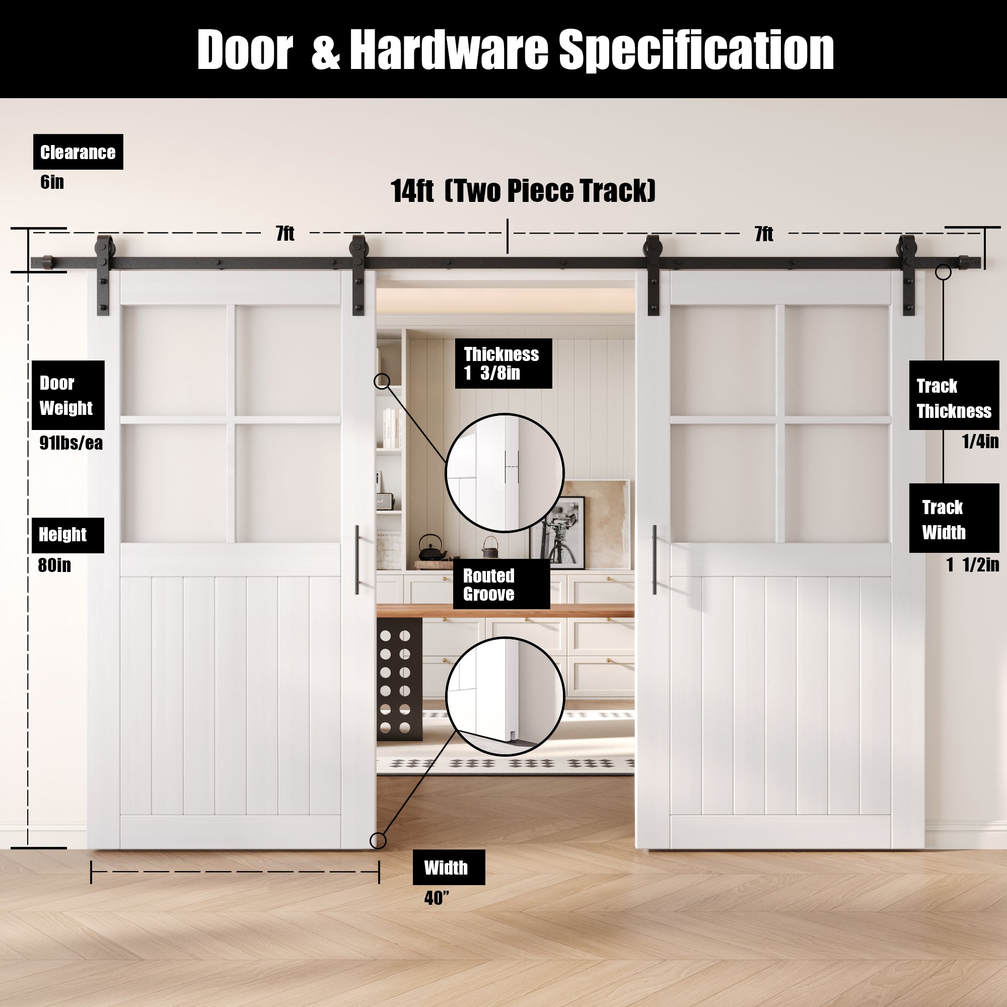 80" Height White Half Lite Grid Glass Double Unassembled & Finished Pine Wood Barn Doors with Non-Bypass Installation Hardware Kit (Interior Use Only)