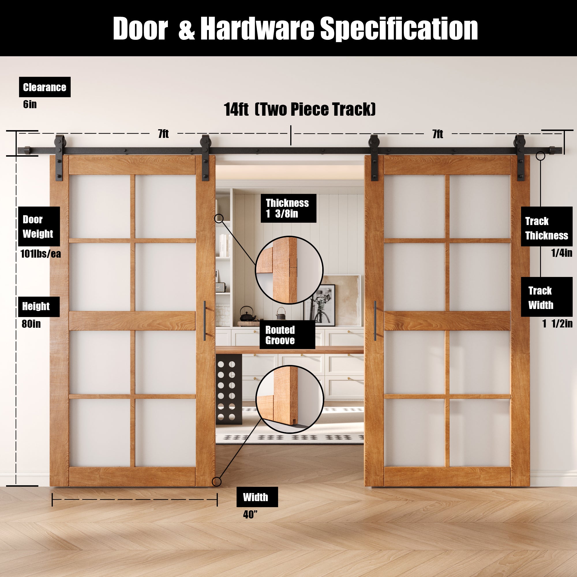 80" Height Early American 8-Lite Frosted Glass Double Unassembled & Finished Pine Wood Barn Doors with Non-Bypass Installation Hardware Kit (Interior Use Only)