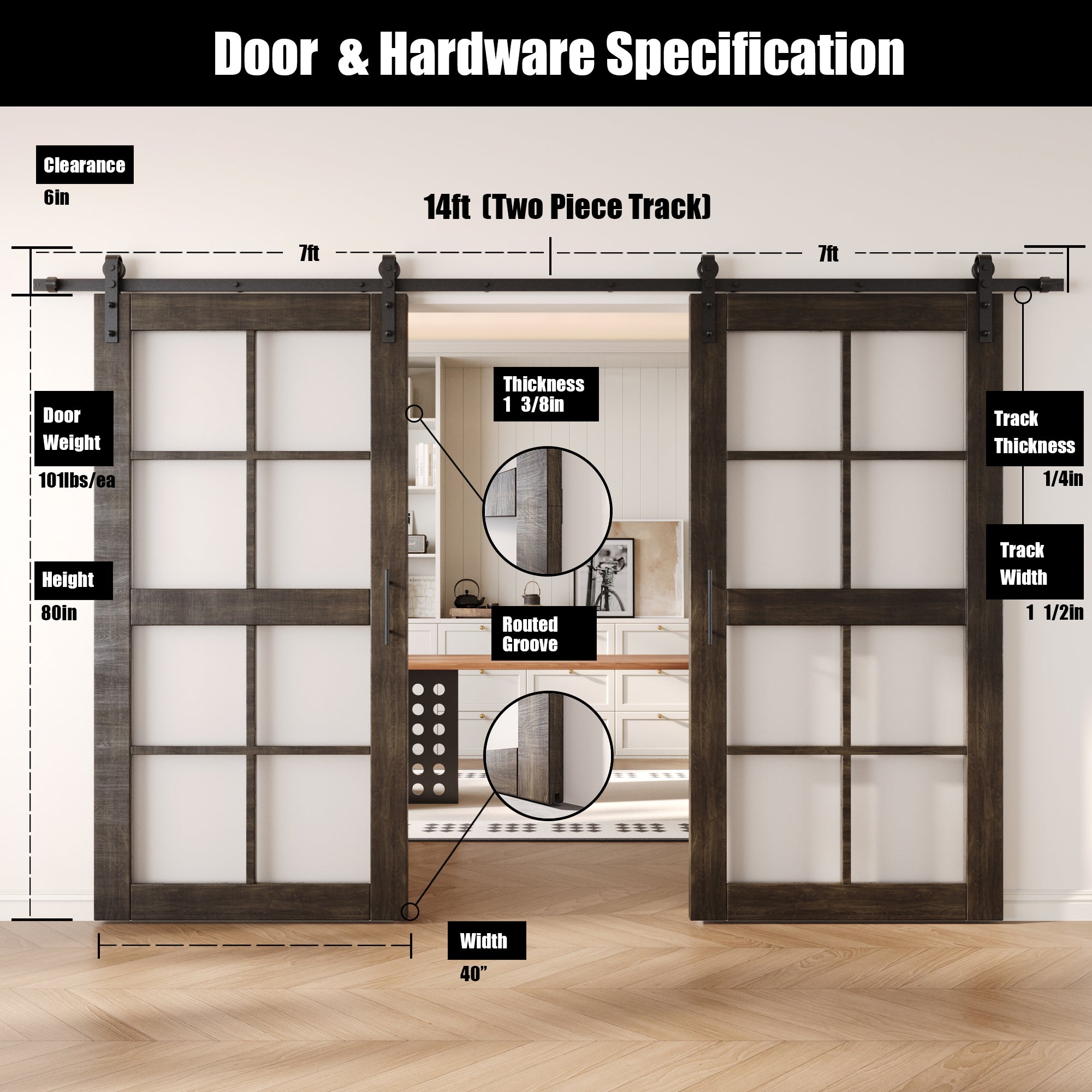 80" Height Ebony 8-Lite Frosted Glass Double Unassembled & Finished Pine Wood Barn Doors with Non-Bypass Installation Hardware Kit (Interior Use Only)