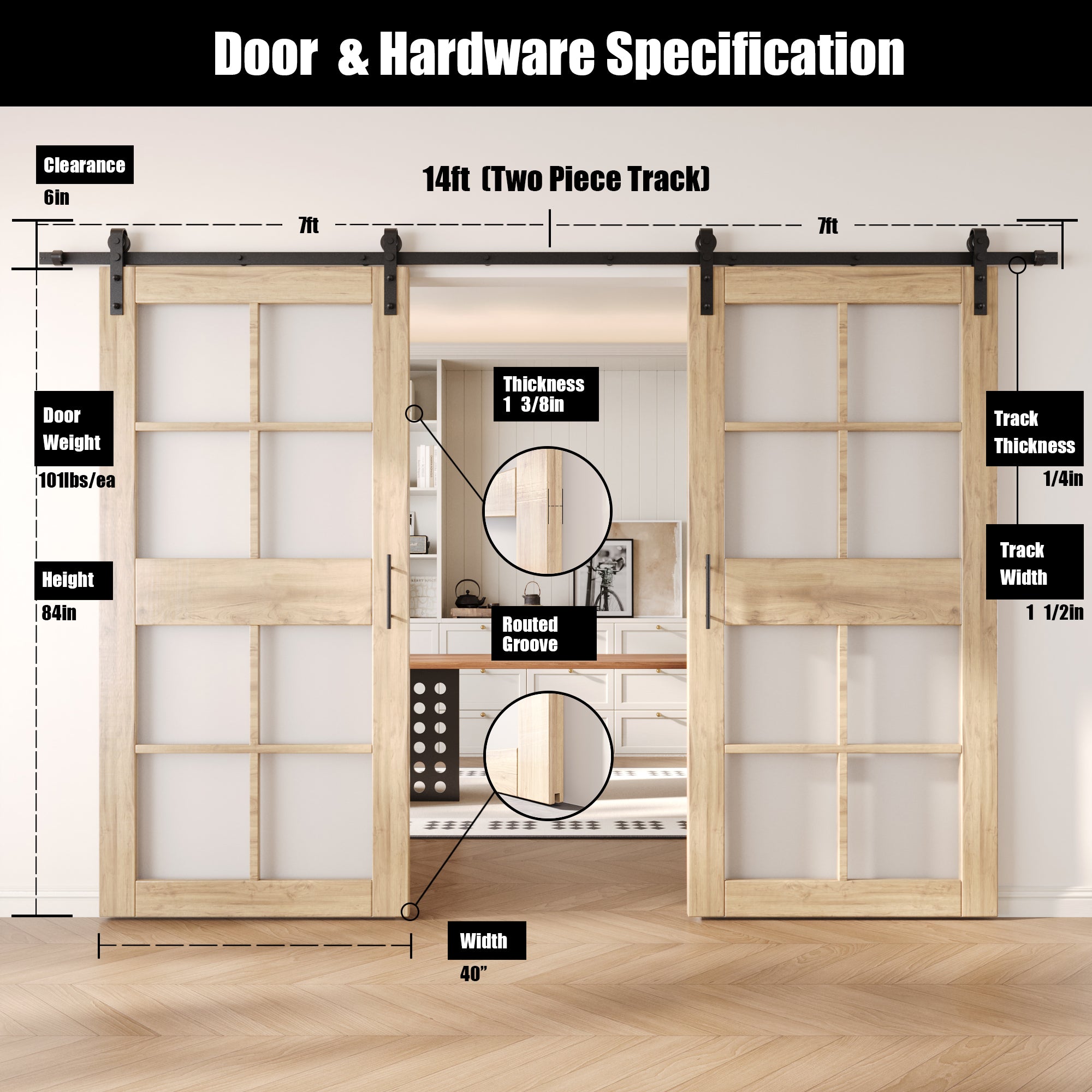 84" Height 8-Lite Frosted Glass Double Unassembled & Unfinished Pine Wood Barn Doors with Non-Bypass Installation Hardware Kit (Interior Use Only)
