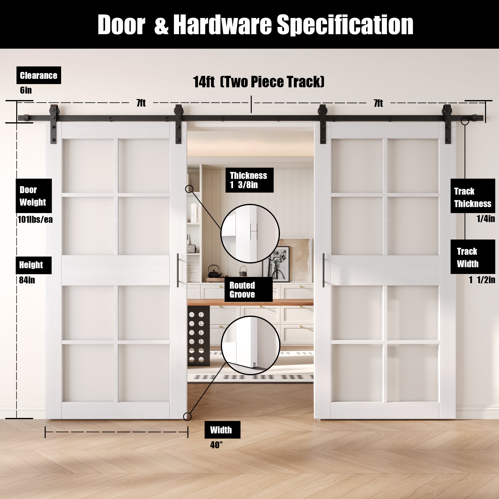 84" Height White 8-Lite Frosted Glass Double Unassembled & Finished Pine Wood Barn Doors with Non-Bypass Installation Hardware Kit (Interior Use Only)