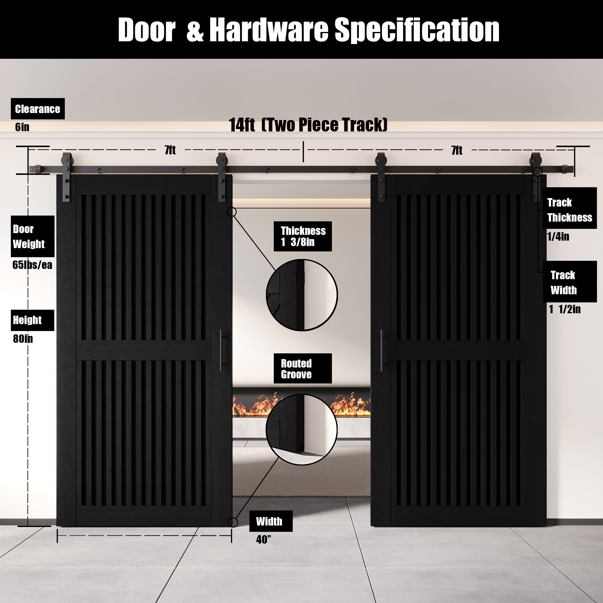 80" Height Black Vertical Stripe Design Unassembled & Finished Double Pine Wood Barn Door with Non-Bypass Installation Hardware Kit(Interior Use Only)