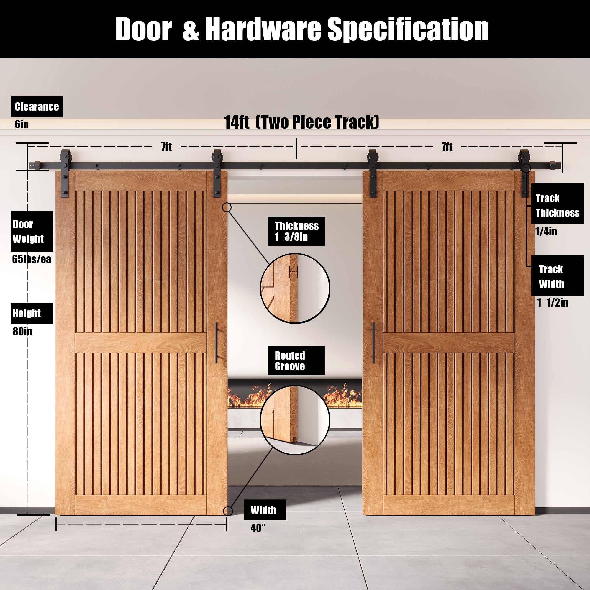 80" Height Early American Vertical Stripe Design Unassembled & Finished Double Pine Wood Barn Door with Non-Bypass Installation Hardware Kit(Interior Use Only)