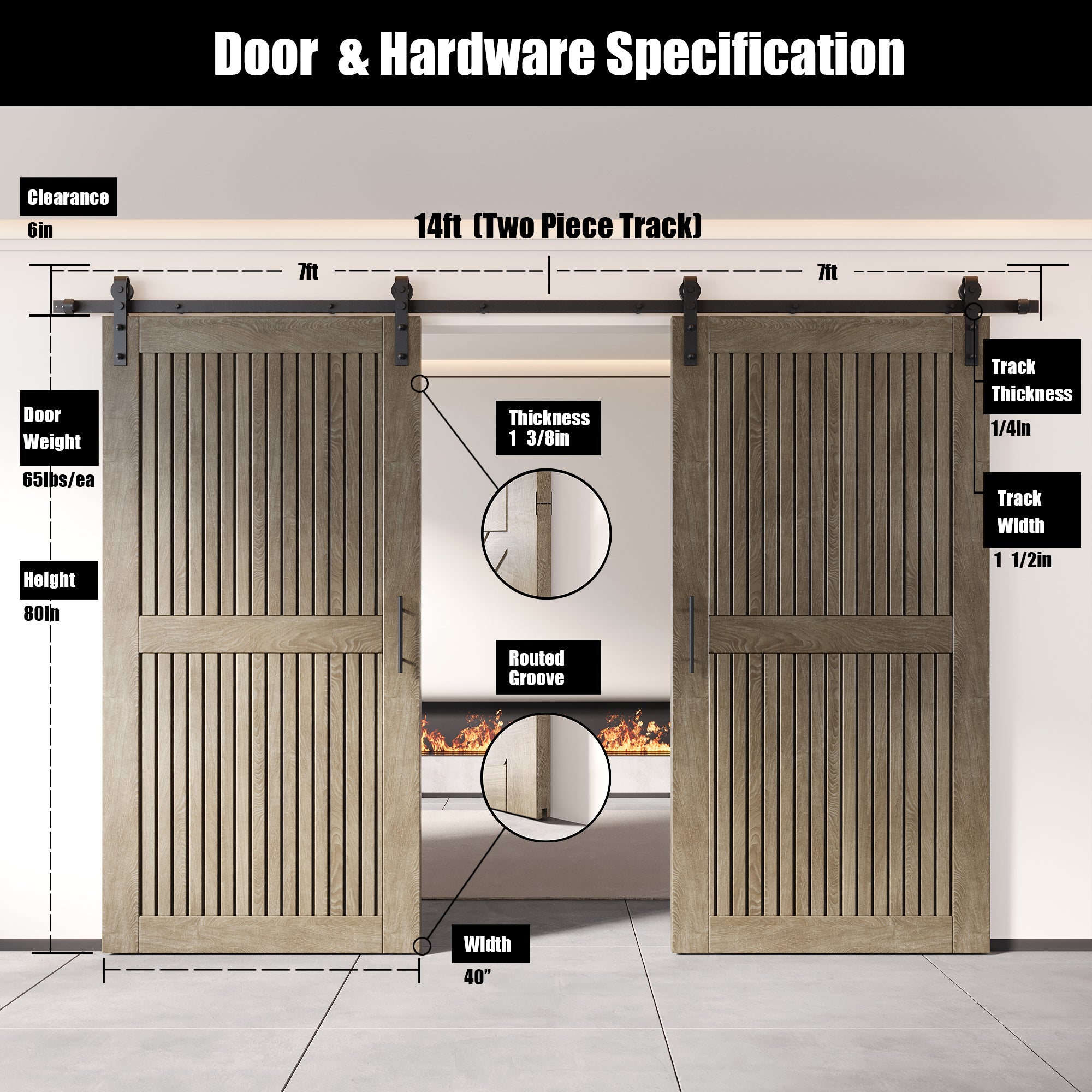 80" Height Classic Gray Vertical Stripe Design Unassembled & Finished Double Pine Wood Barn Door with Non-Bypass Installation Hardware Kit(Interior Use Only)