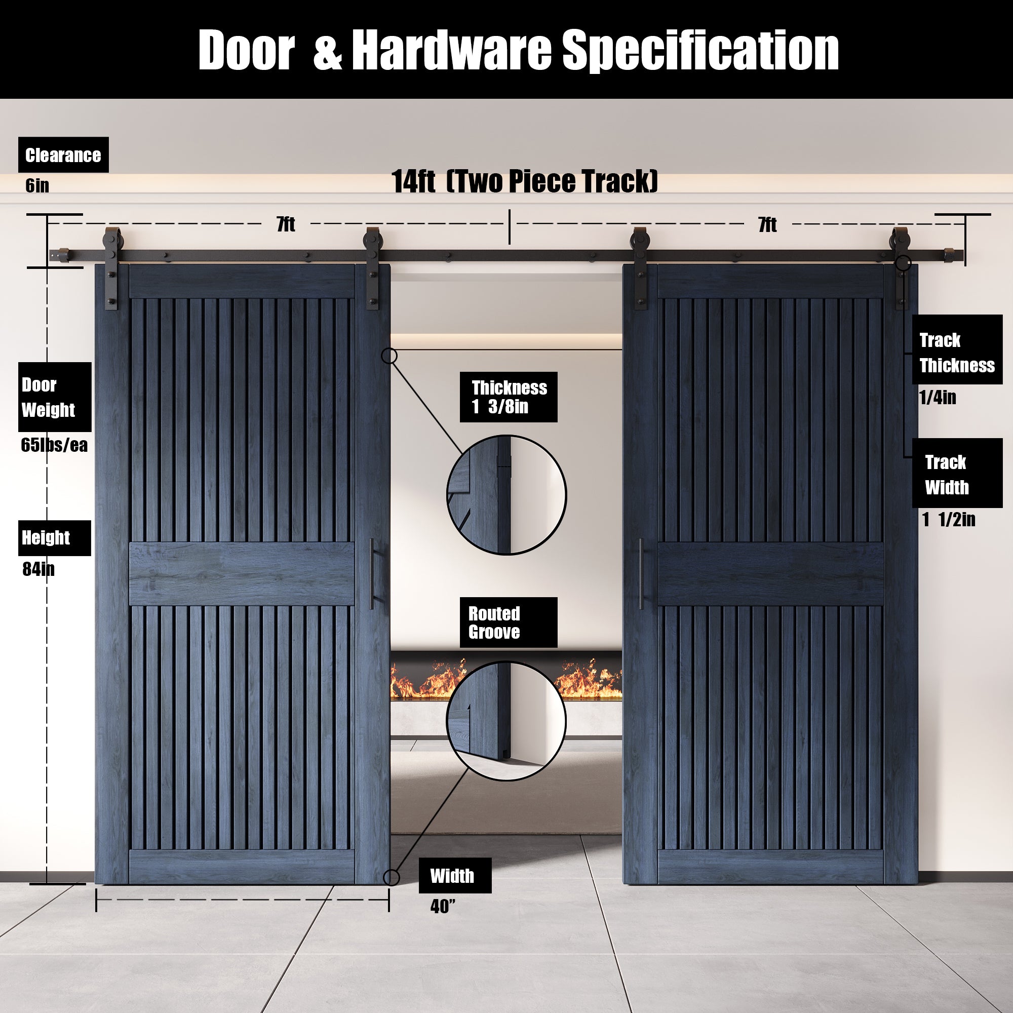 84" Height Navy Vertical Stripe Design Unassembled & Finished Double Pine Wood Barn Door with Non-Bypass Installation Hardware Kit(Interior Use Only)