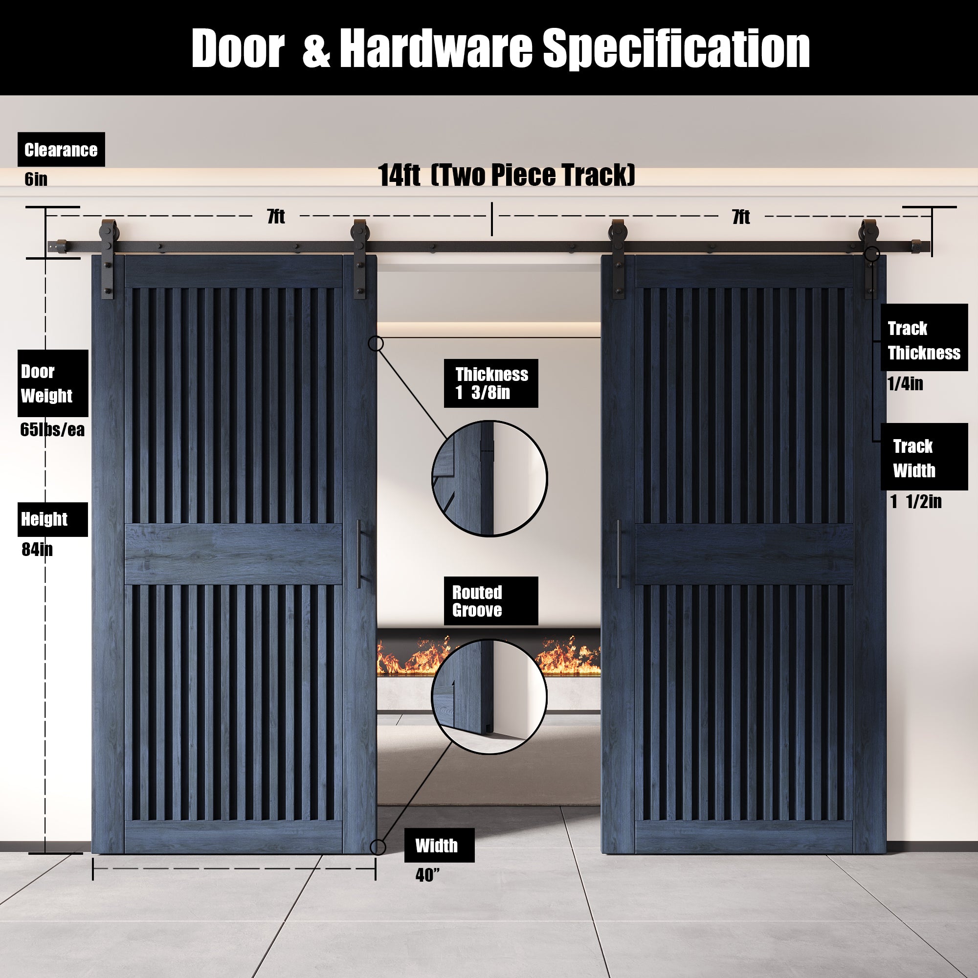 84" Height Navy Vertical Stripe Design Unassembled & Finished Double Pine Wood Barn Door with Non-Bypass Installation Hardware Kit(Interior Use Only)