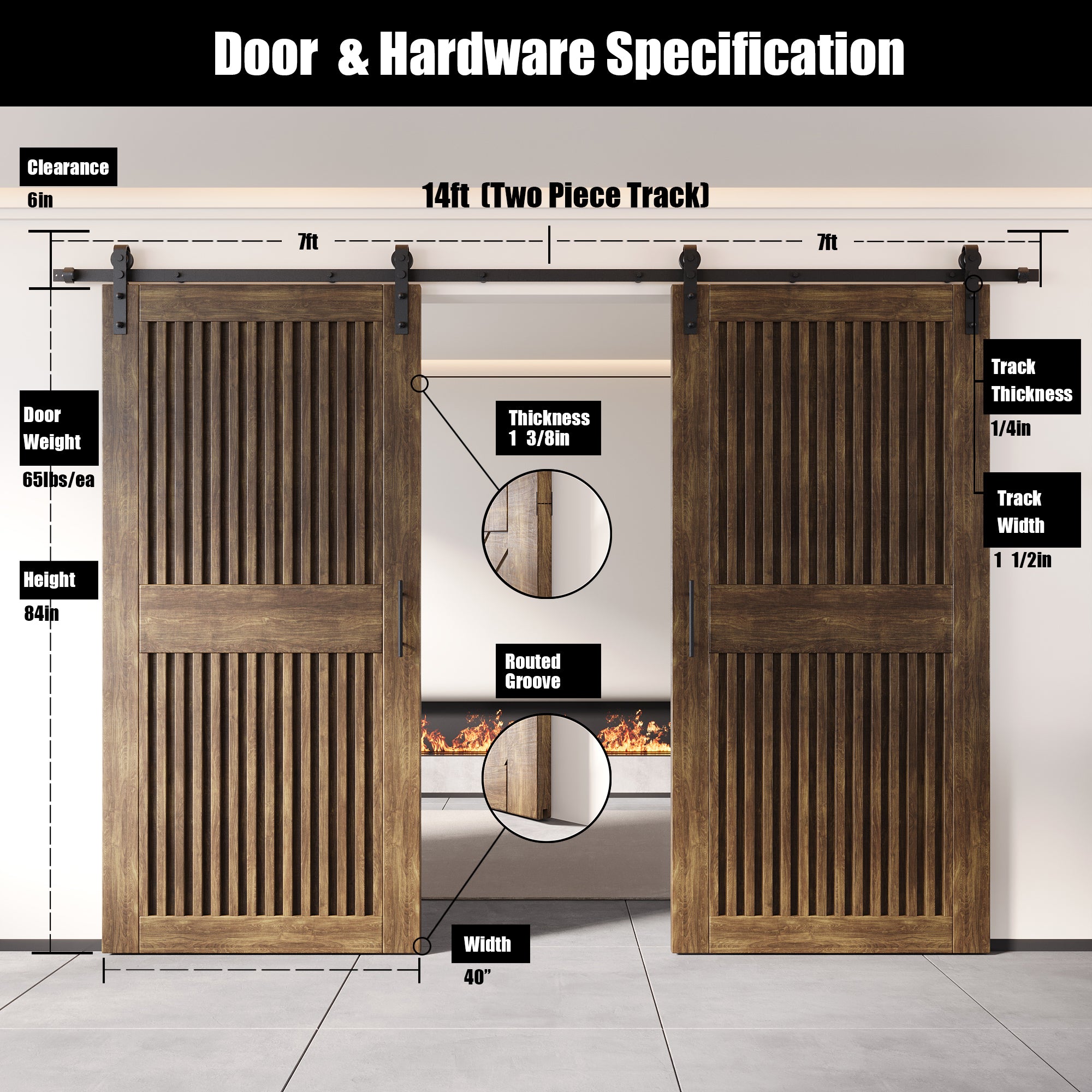 84" Height Dark Walnut Vertical Stripe Design Unassembled & Finished Double Pine Wood Barn Door with Non-Bypass Installation Hardware Kit(Interior Use Only)
