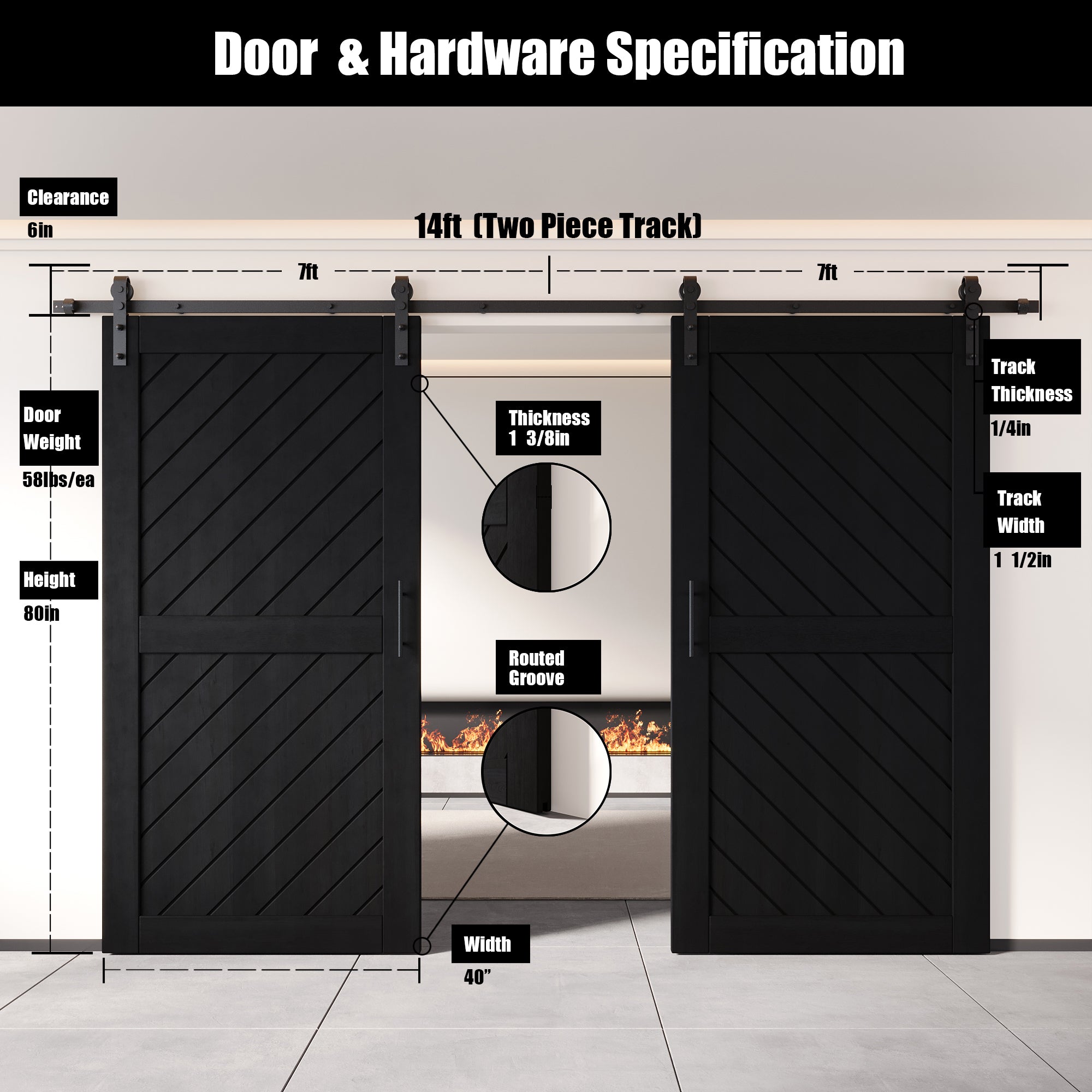 Black double barn door, 80-inch, non-bypass installation
