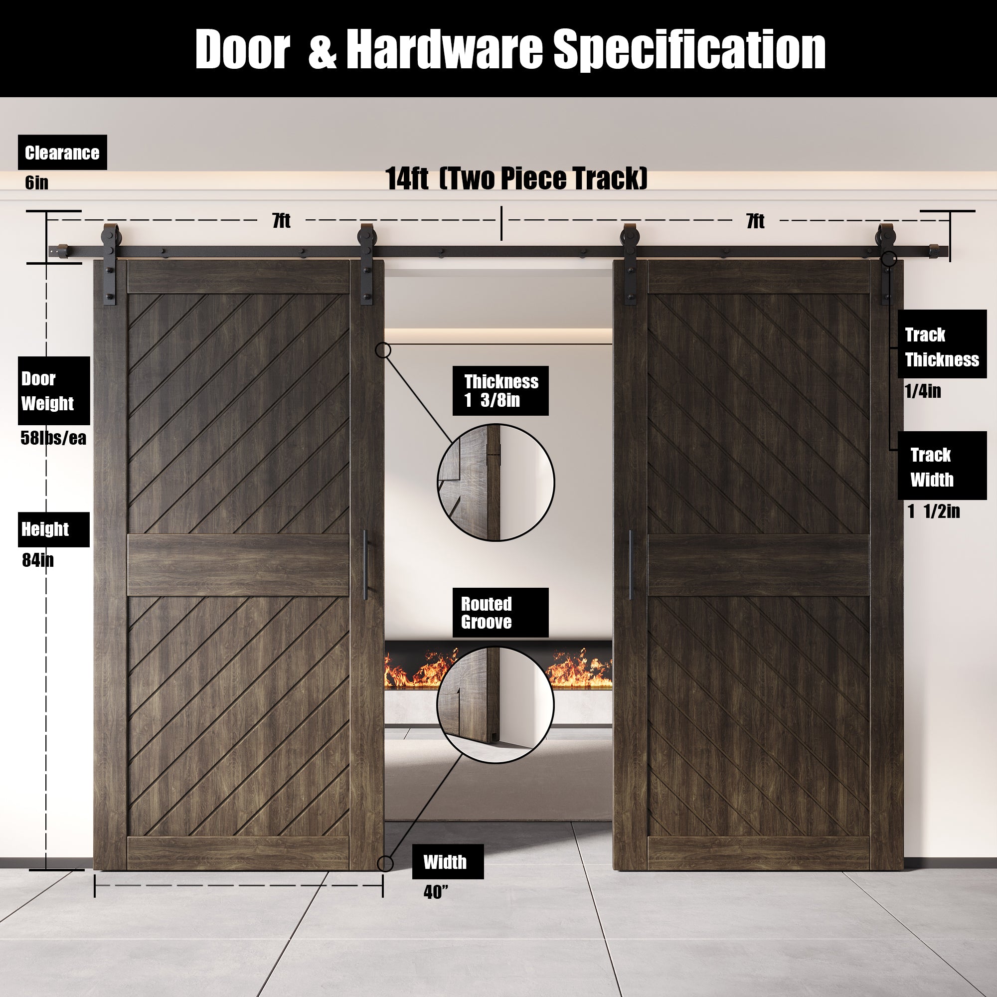 84-inch slanted stripe double barn door, ebony finish