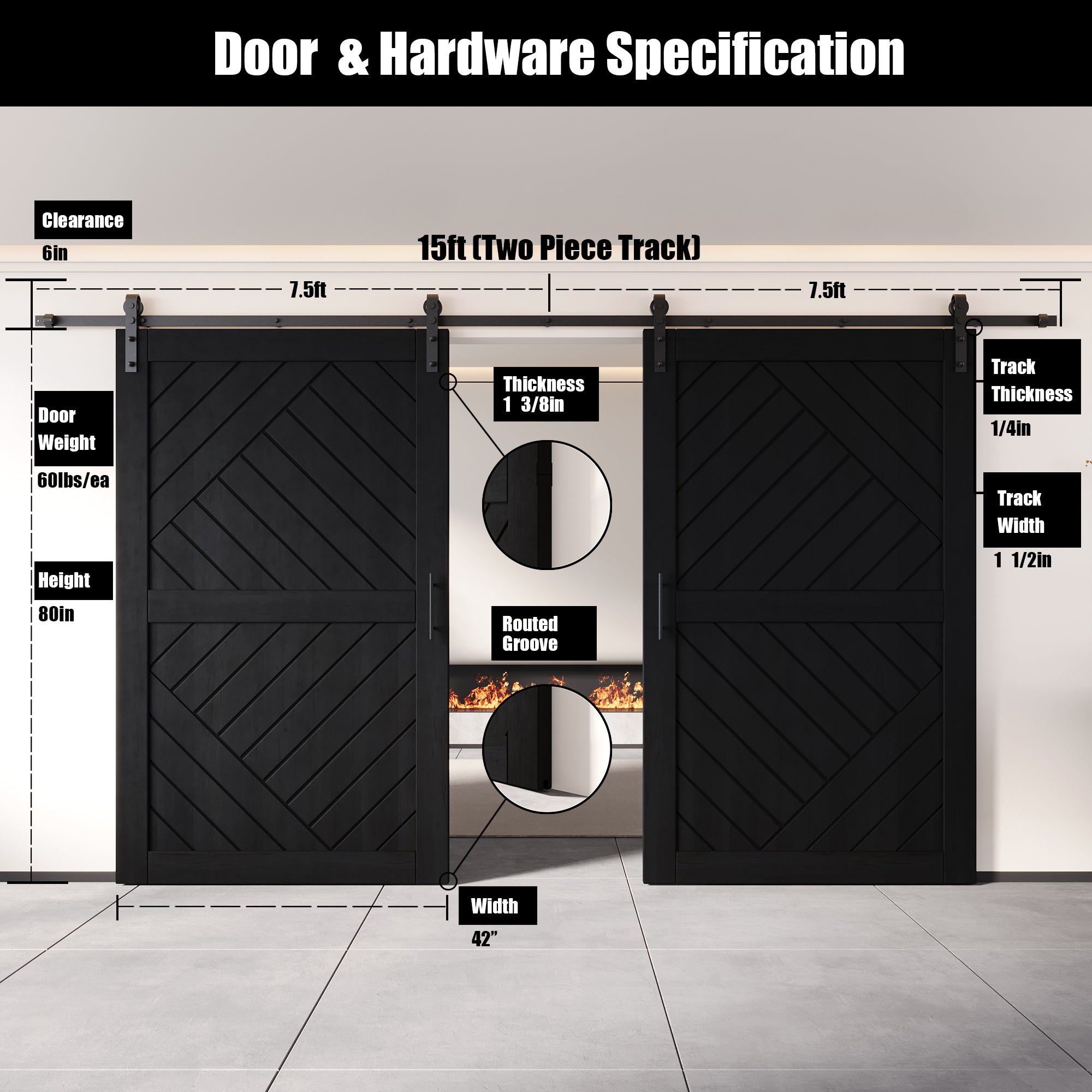 42x80 geometric design black barn door with hardware kit, two doors kit