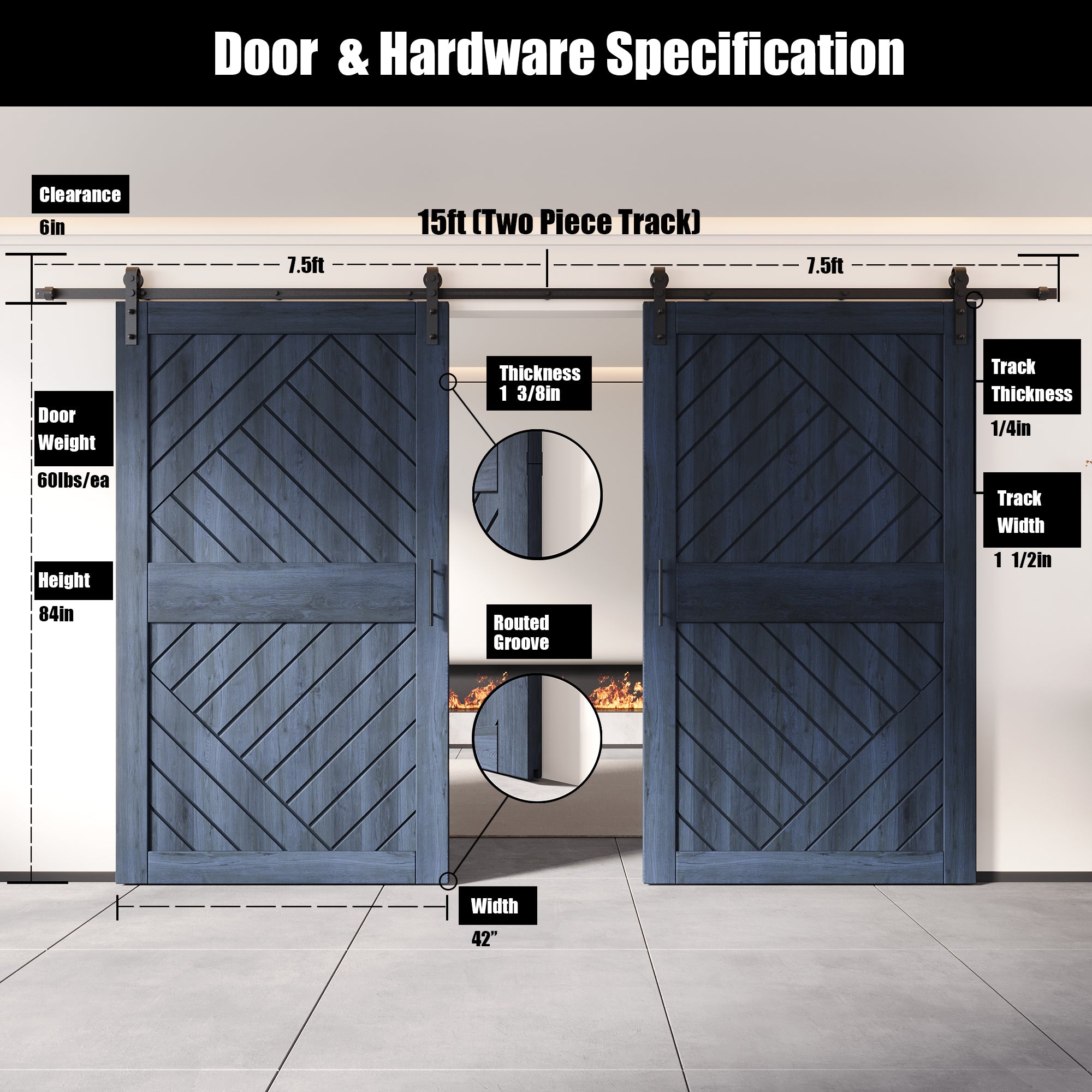 84" Height Navy Geometric Design Unassembled & Finished Double Pine Wood Barn Door with Non-Bypass Installation Hardware Kit(Interior Use Only)