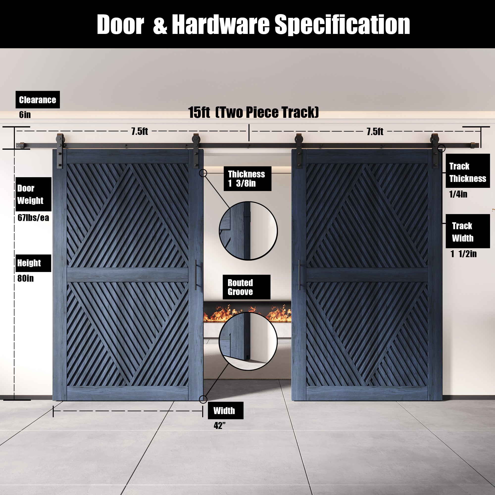 80" Height Navy Diamond Design Unassembled & Finished Double Pine Wood Barn Door with Non-Bypass Installation Hardware Kit(Interior Use Only)