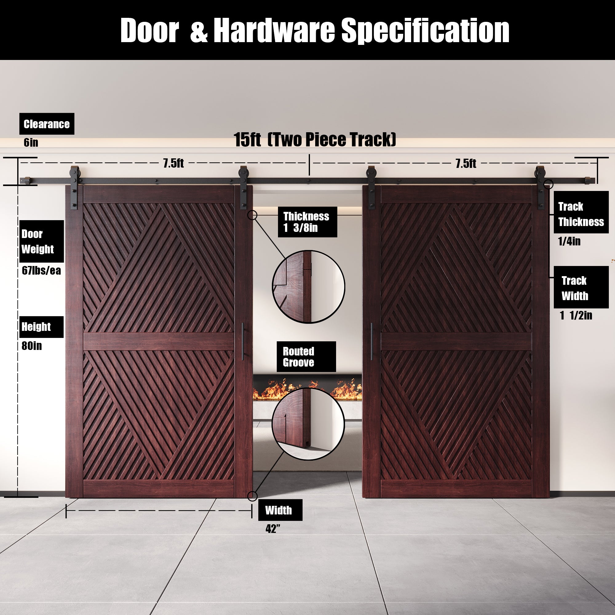 80" Height Red Mahogany Diamond Design Unassembled & Finished Double Pine Wood Barn Door with Non-Bypass Installation Hardware Kit(Interior Use Only)