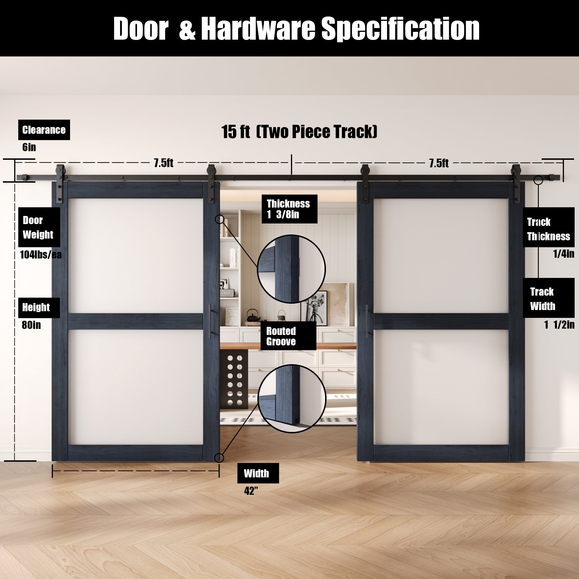80" Height Navy 2-Lite Frosted Glass Double Unassembled & Finished Pine Wood Barn Doors with Non-Bypass Installation Hardware Kit (Interior Use Only)