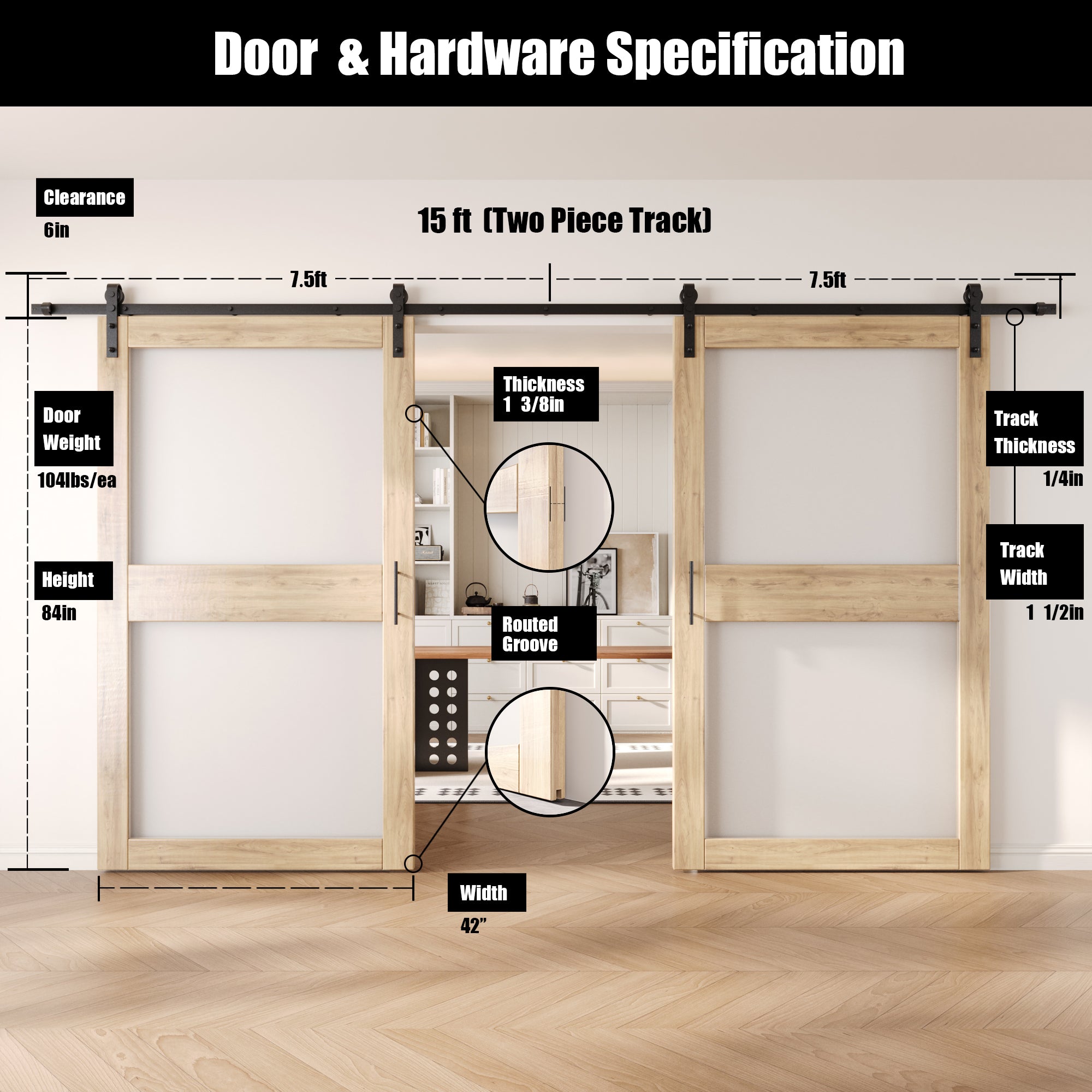 84" Height 2-Lite Frosted Glass Double Unassembled & Unfinished Pine Wood Barn Doors with Non-Bypass Installation Hardware Kit (Interior Use Only)