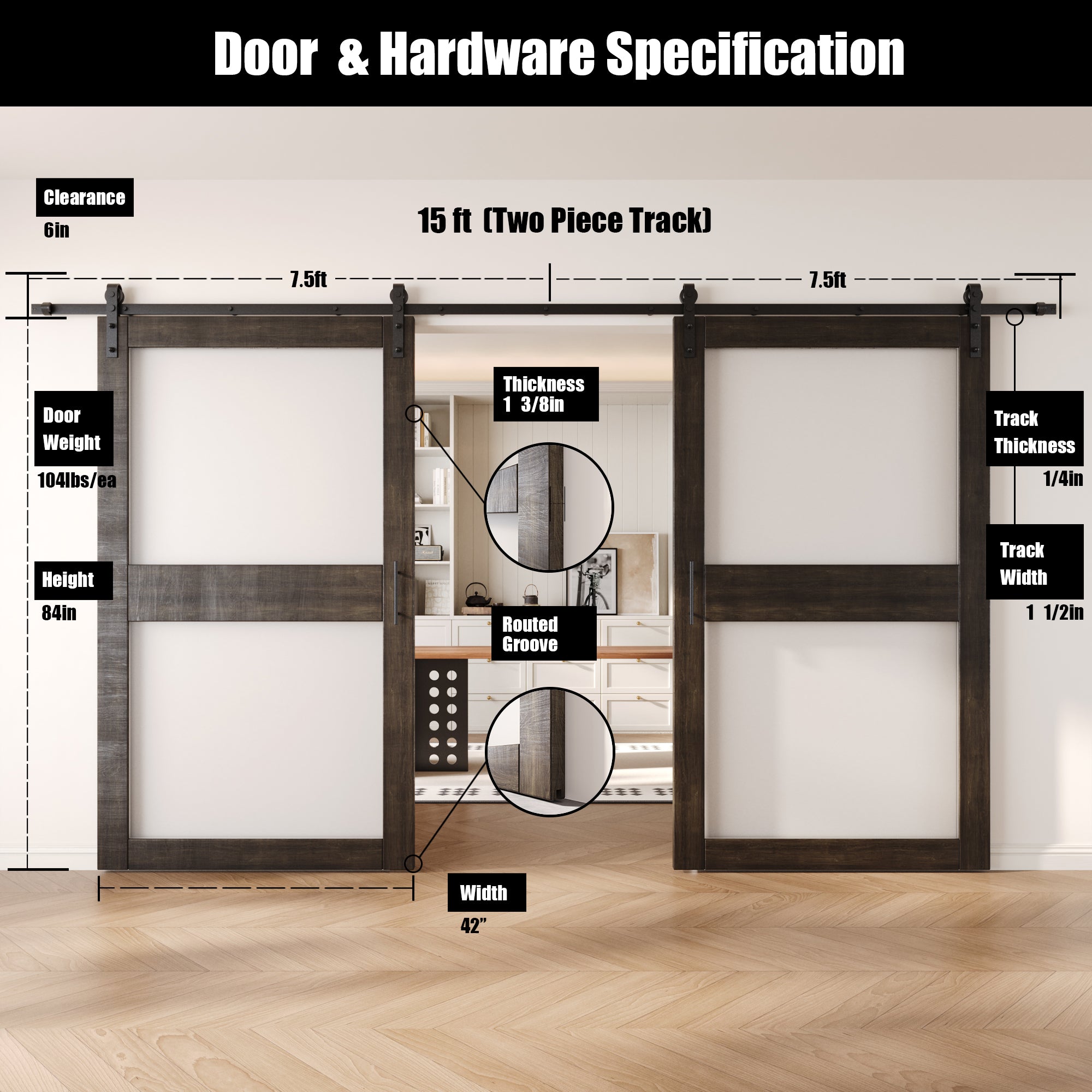 84" Height Ebony 2-Lite Frosted Glass Double Unassembled & Finished Pine Wood Barn Doors with Non-Bypass Installation Hardware Kit (Interior Use Only)