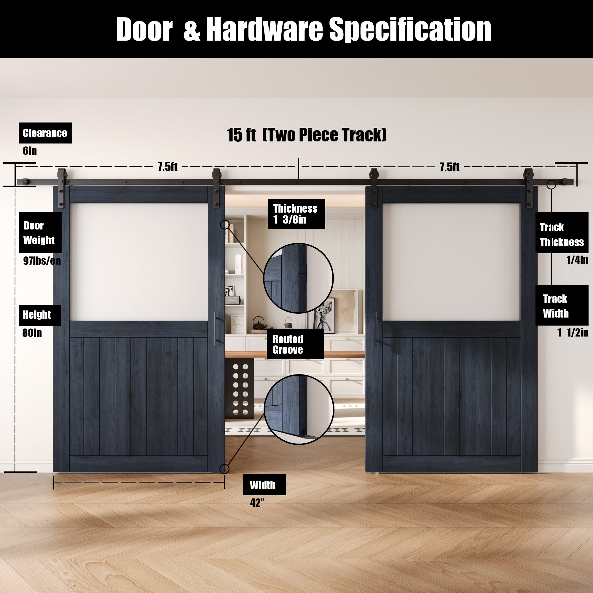80" Height Navy Half Lite Frosted Glass Double Unassembled & Finished Pine Wood Barn Door with Non-Bypass Installation Hardware Kit (Interior Use Only)