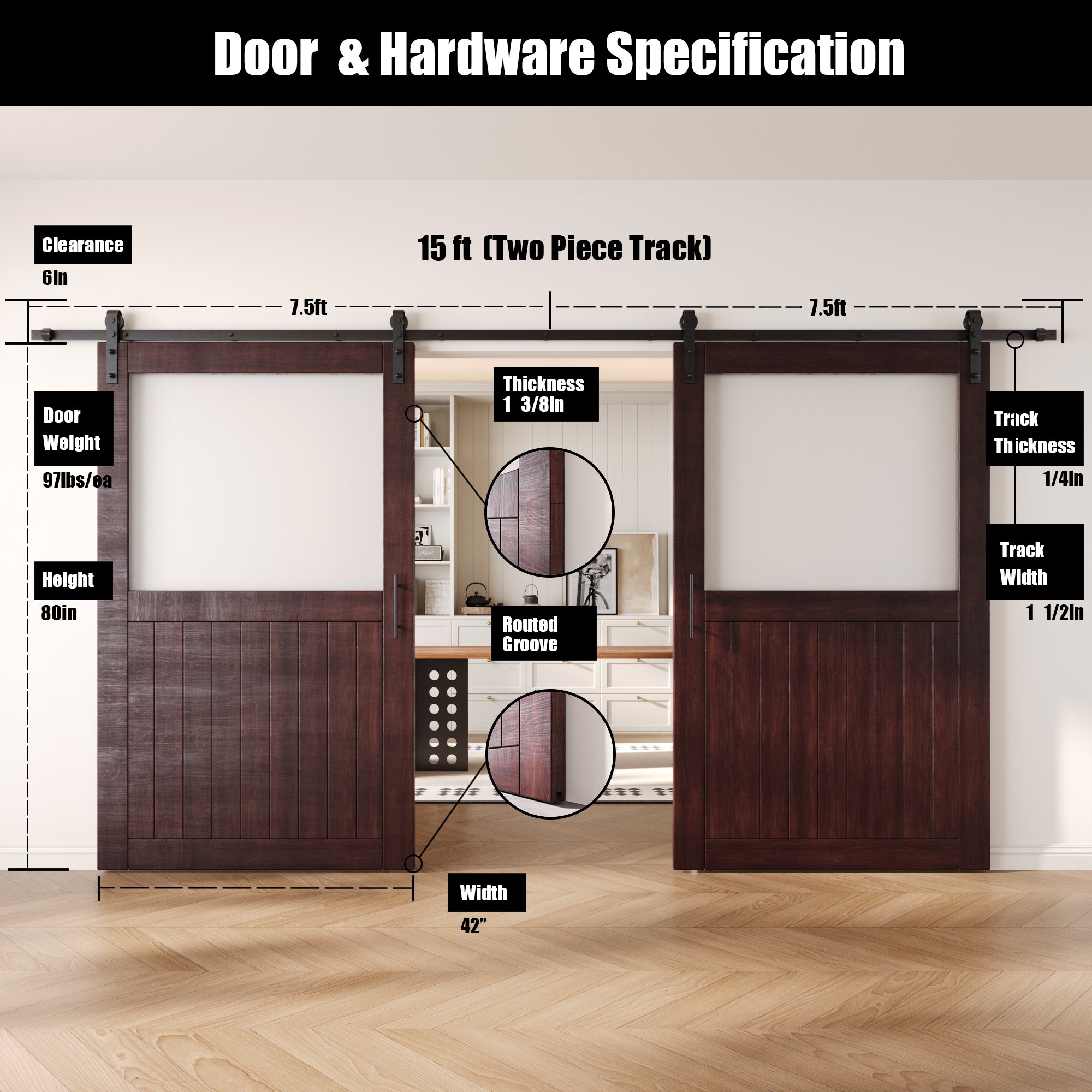 80" Height Red Mahogany Half Lite Frosted Glass Double Unassembled & Finished Pine Wood Barn Door with Non-Bypass Installation Hardware Kit (Interior Use Only)