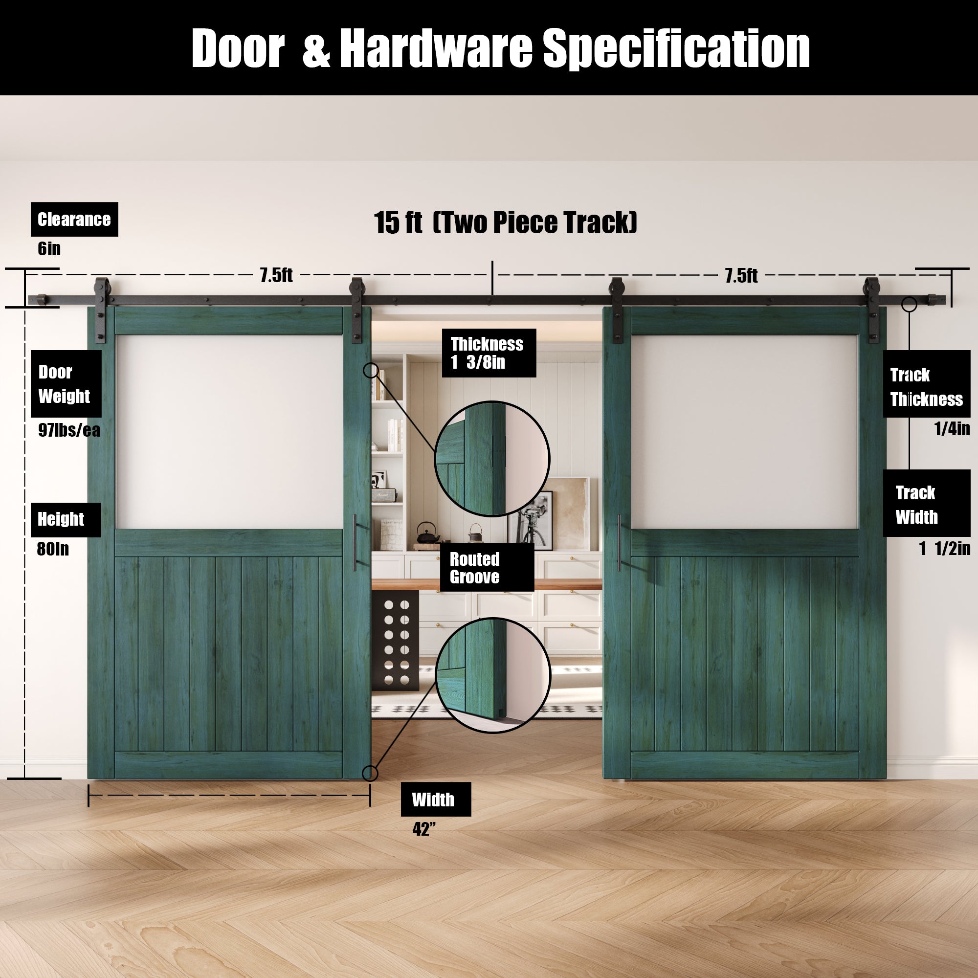 80" Height Royal Pine Half Lite Frosted Glass Double Unassembled & Finished Pine Wood Barn Door with Non-Bypass Installation Hardware Kit (Interior Use Only)