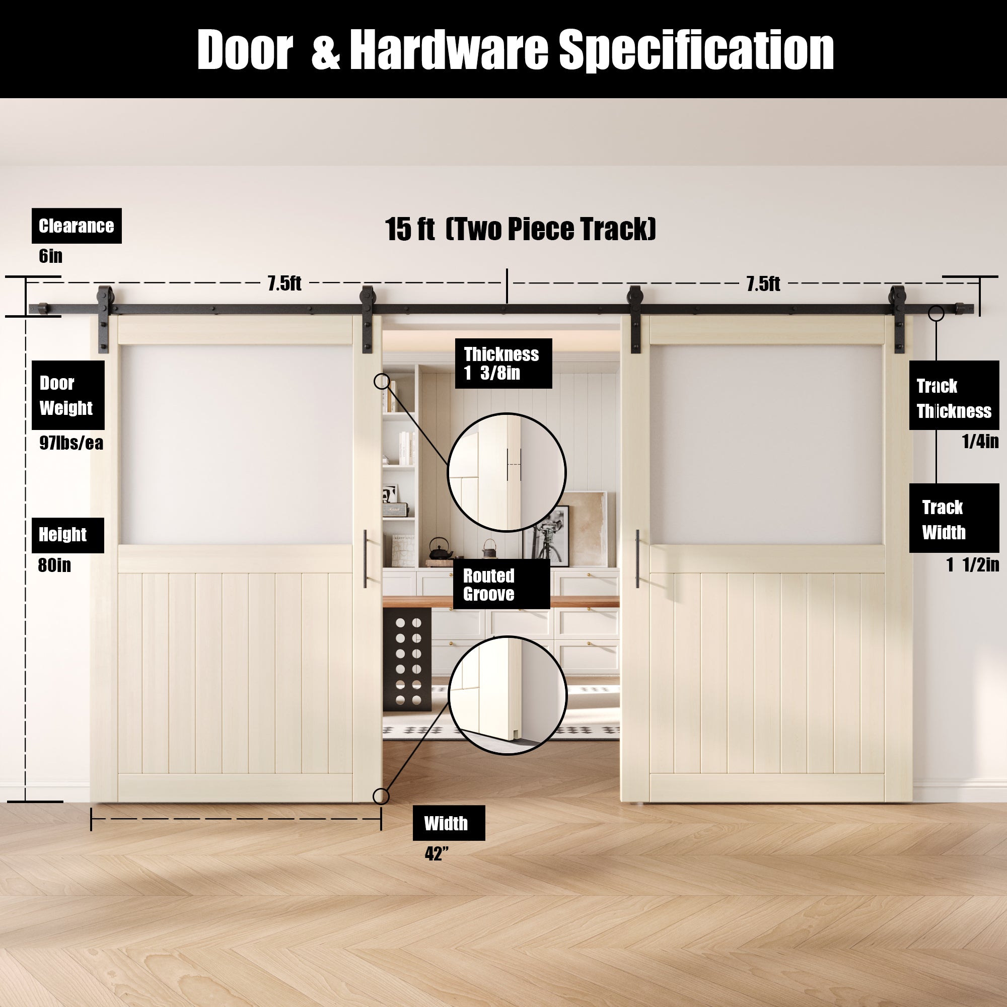 80" Height Tinsmith Gray Half Lite Frosted Glass Double Unassembled & Finished Pine Wood Barn Door with Non-Bypass Installation Hardware Kit (Interior Use Only)