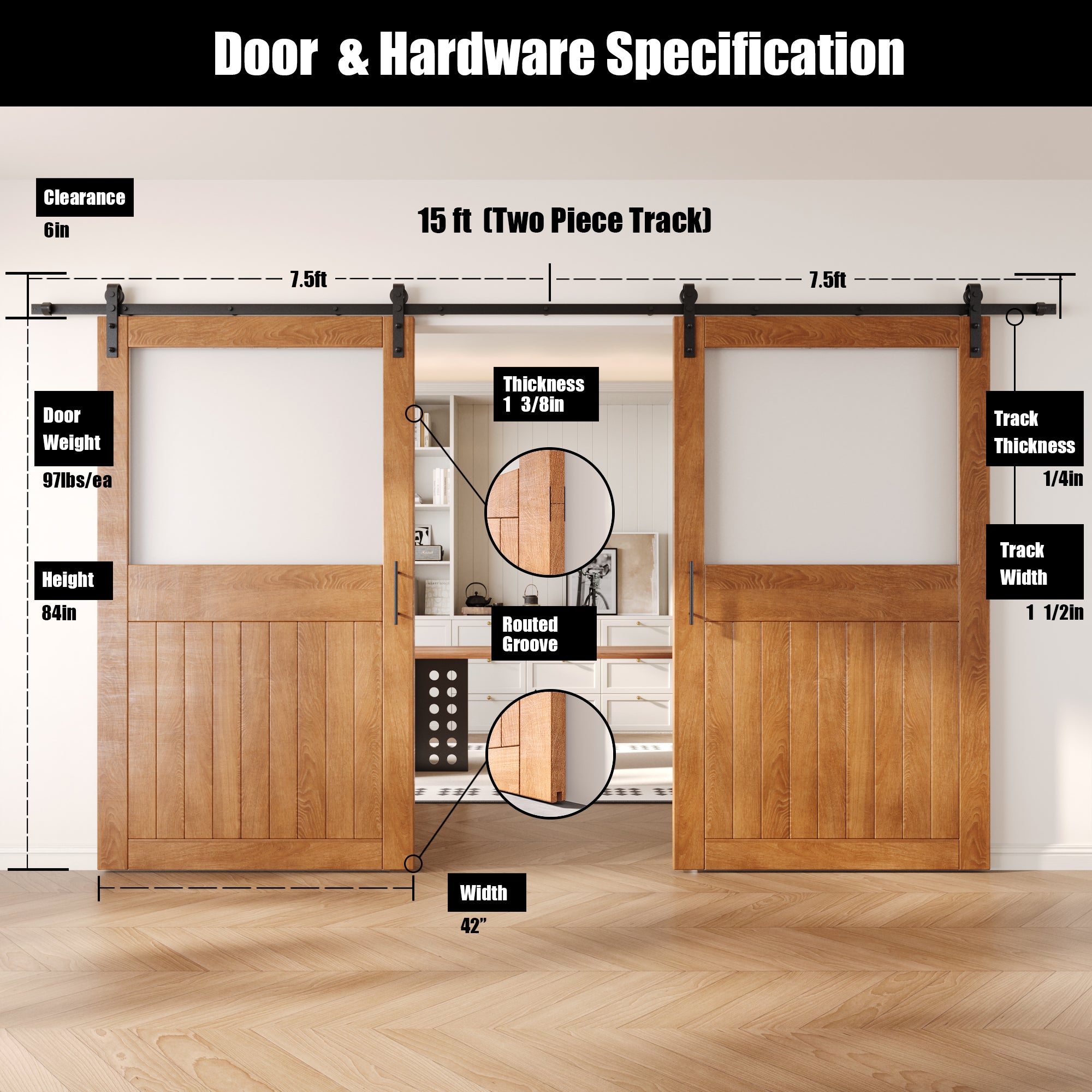 84" Height Early American Half Lite Frosted Glass Double Unassembled & Finished Pine Wood Barn Door with Non-Bypass Installation Hardware Kit (Interior Use Only)