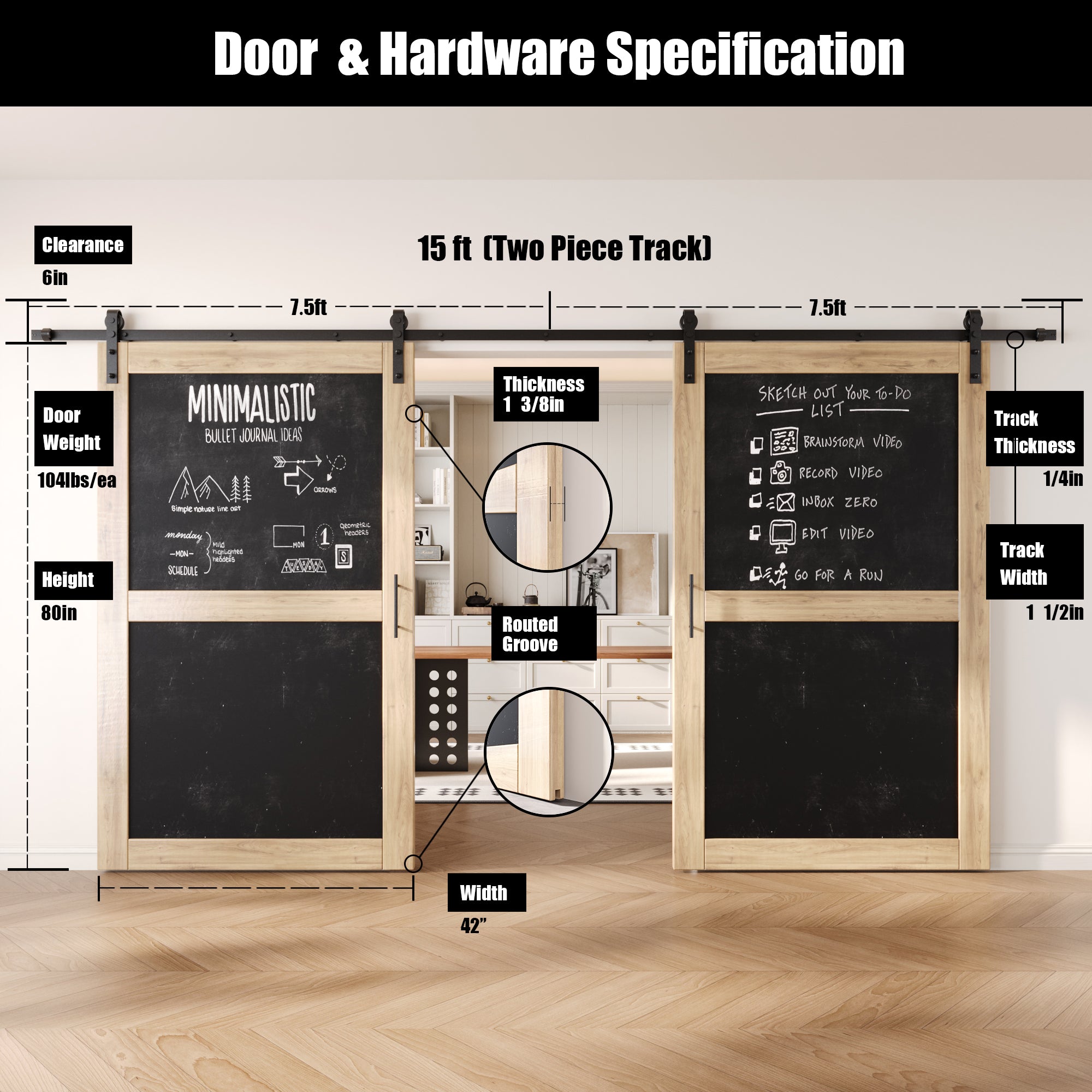 80" Height Chalkboard Design Double Unassembled & Unfinished Pine Wood Barn Doors with Non-Bypass Installation Hardware Kit (Interior Use Only)