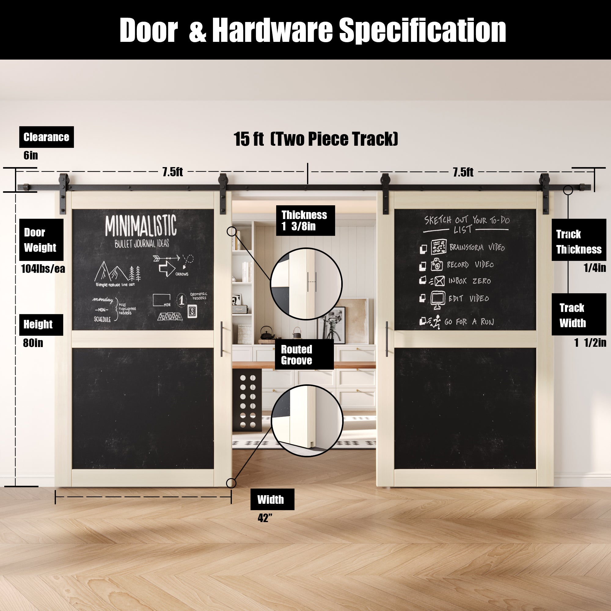 80" Height Tinsmith Gray Chalkboard Design Double Unassembled & Finished Pine Wood Barn Doors with Non-Bypass Installation Hardware Kit (Interior Use Only)