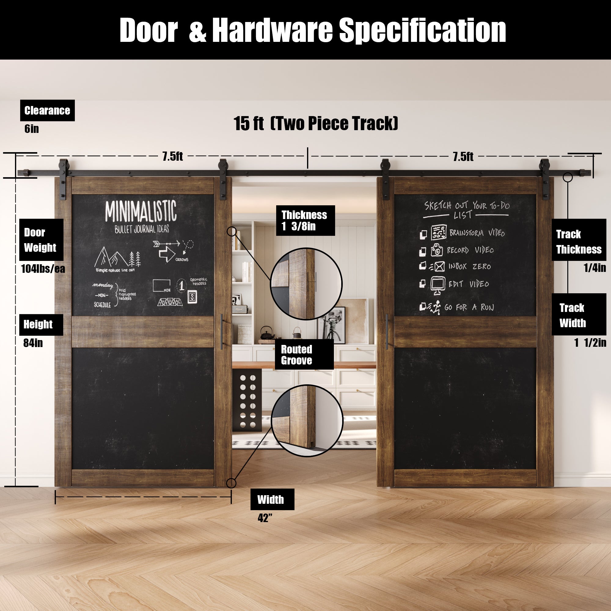 84" Height Dark Walnut Chalkboard Design Double Unassembled & Finished Pine Wood Barn Doors with Non-Bypass Installation Hardware Kit (Interior Use Only)