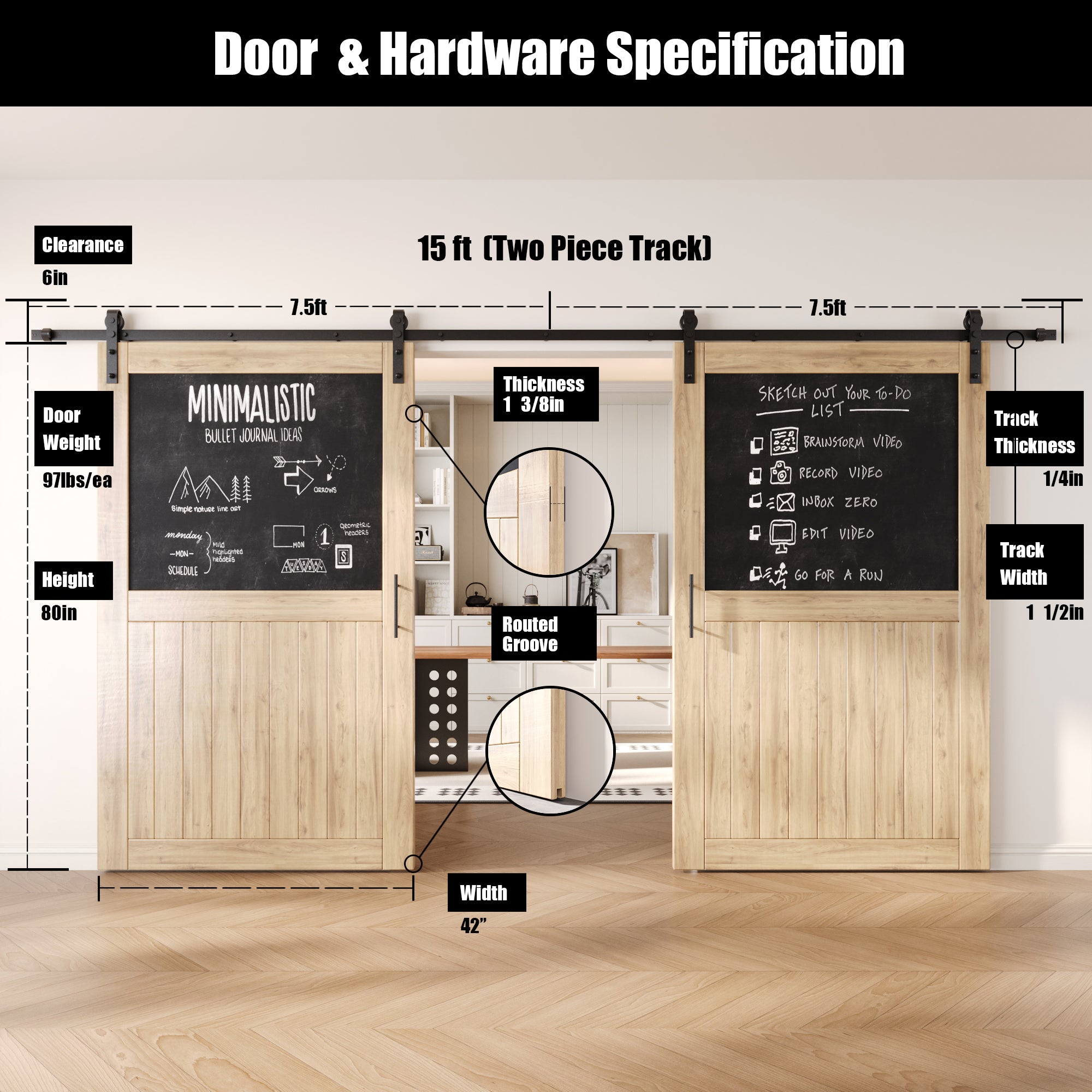80" Height Top Chalkboard Panel Double Unassembled & Unfinished Pine Wood Barn Doors with Non-Bypass Installation Hardware Kit (Interior Use Only)