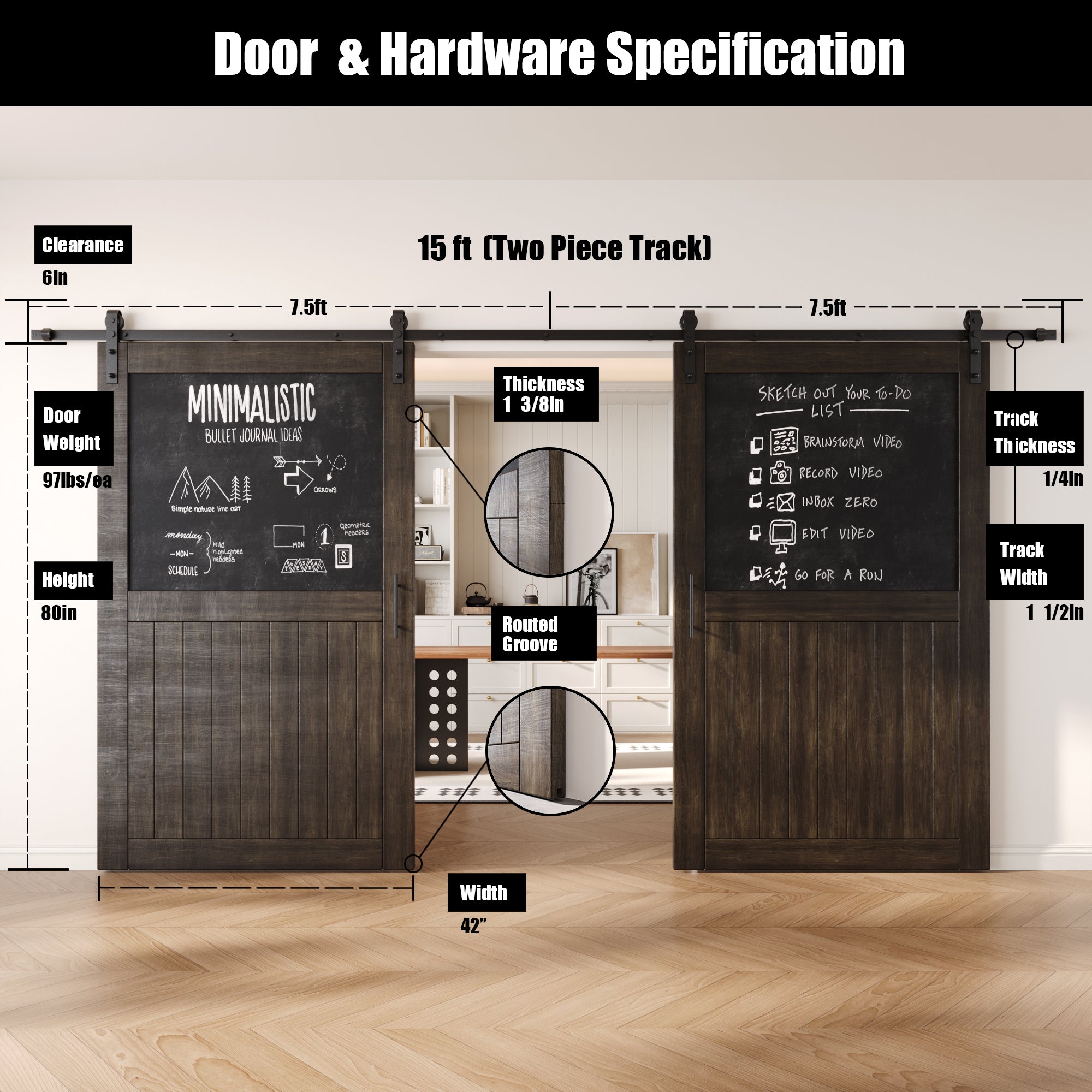 80" Height Ebony Top Chalkboard Panel Double Unassembled & Finished Pine Wood Barn Doors with Non-Bypass Installation Hardware Kit (Interior Use Only)