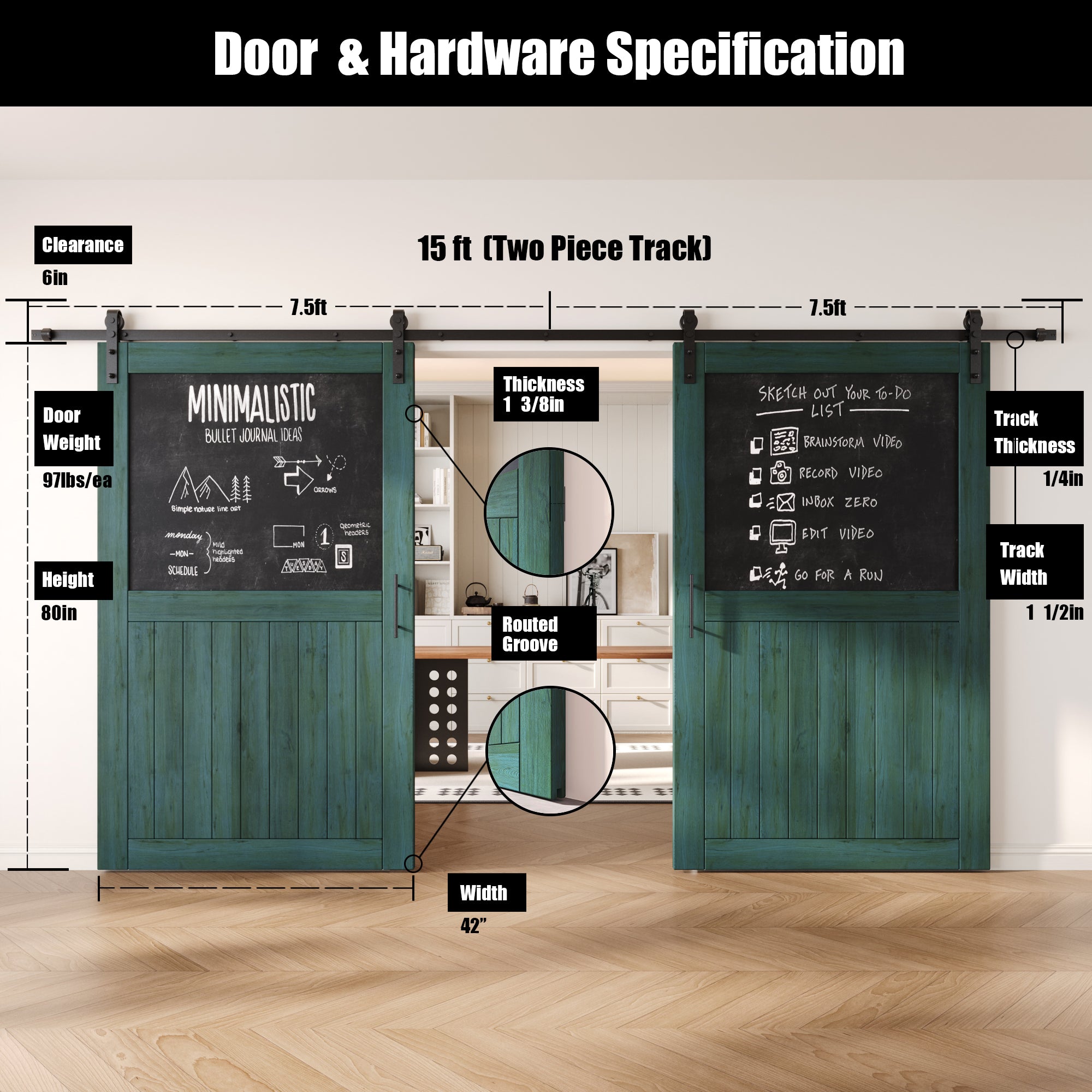 80" Height Royal Pine Top Chalkboard Panel Double Unassembled & Finished Pine Wood Barn Doors with Non-Bypass Installation Hardware Kit (Interior Use Only)