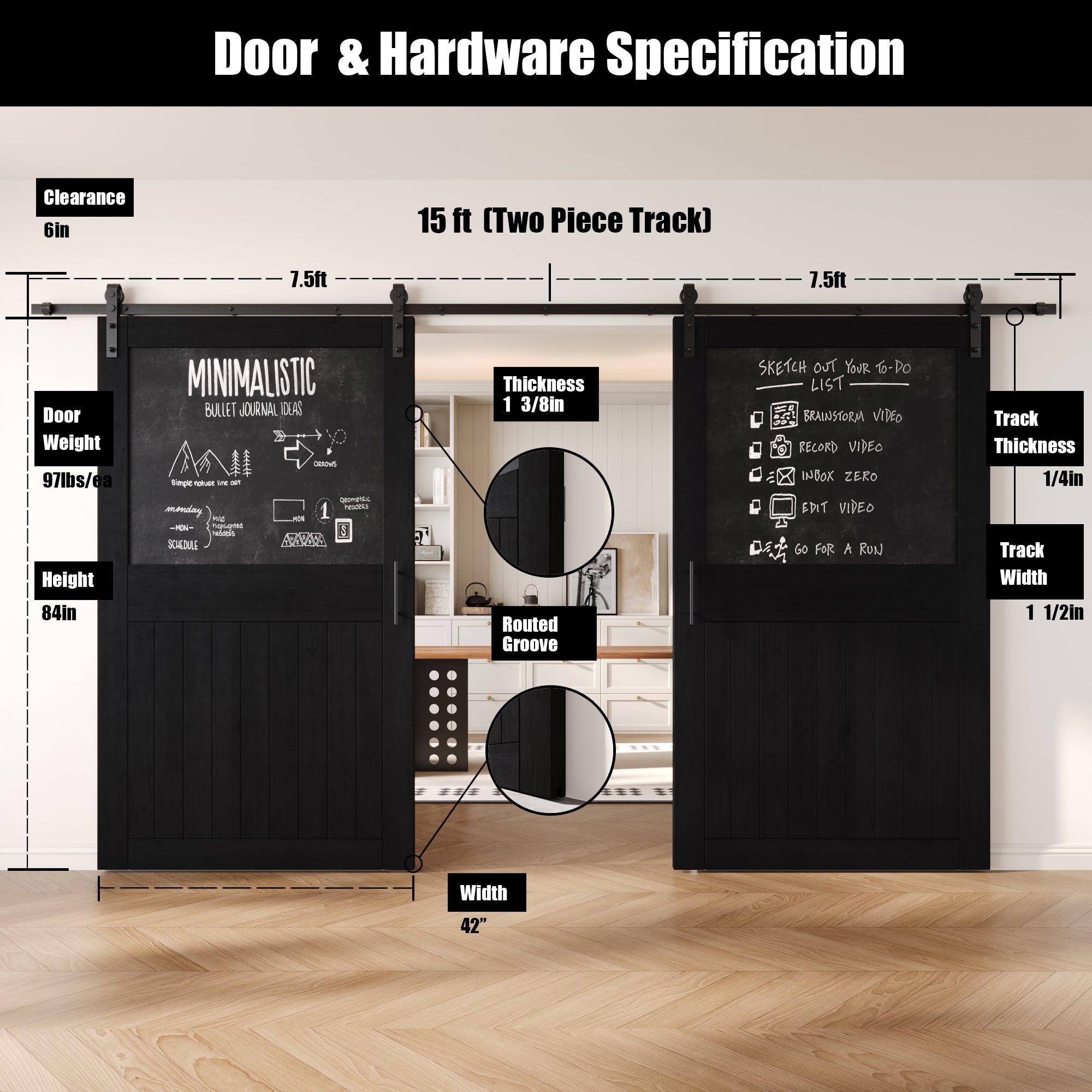 84" Height Black Top Chalkboard Panel Double Unassembled & Finished Pine Wood Barn Doors with Non-Bypass Installation Hardware Kit (Interior Use Only)
