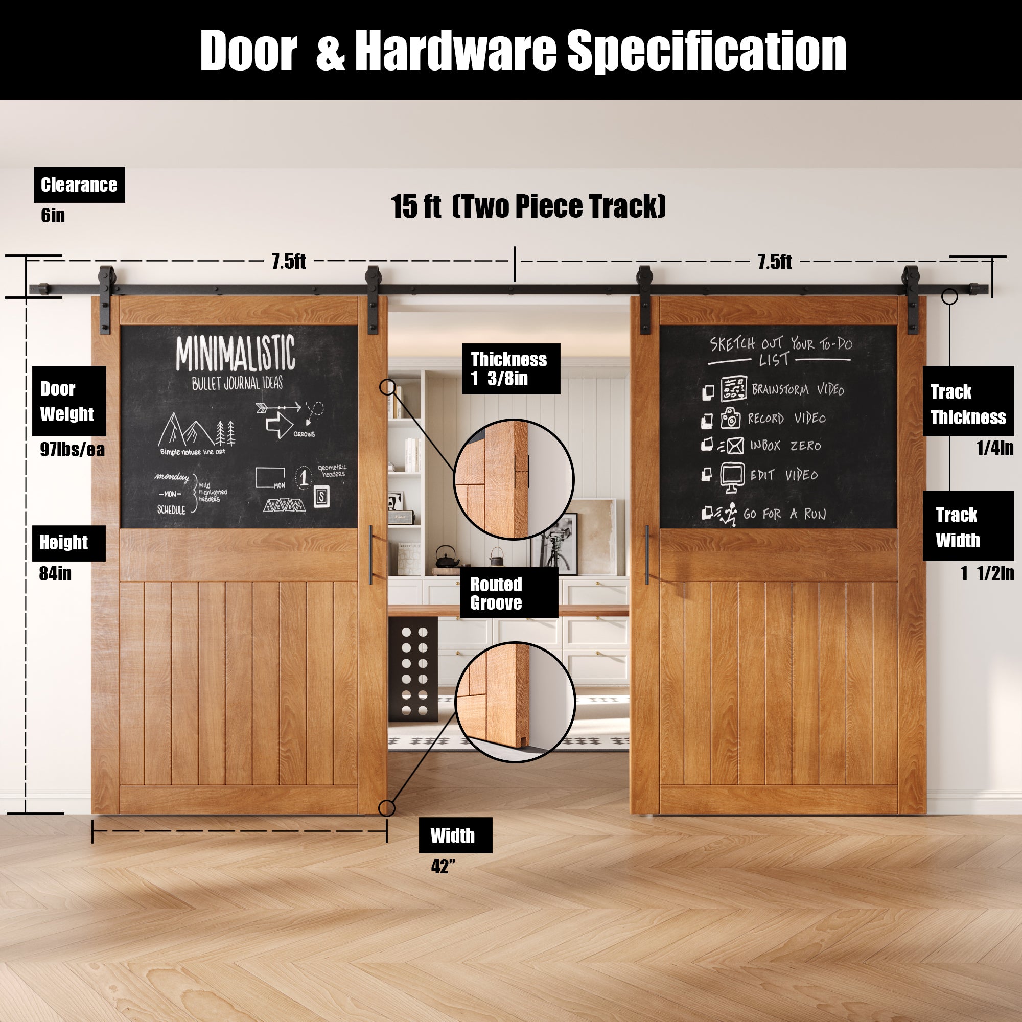 84" Height Early American Top Chalkboard Panel Double Unassembled & Finished Pine Wood Barn Doors with Non-Bypass Installation Hardware Kit (Interior Use Only)