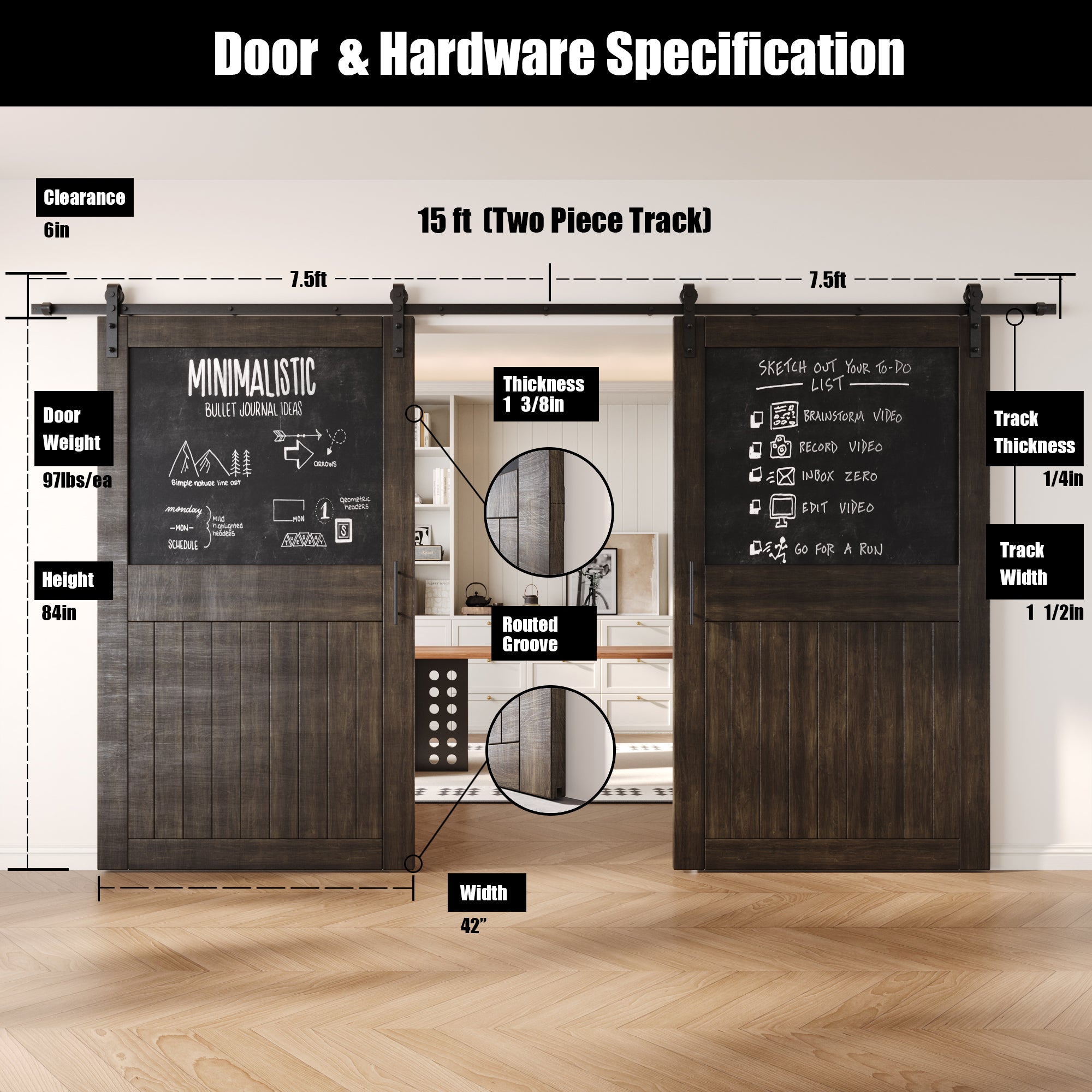 84" Height Ebony Top Chalkboard Panel Double Unassembled & Finished Pine Wood Barn Doors with Non-Bypass Installation Hardware Kit (Interior Use Only)
