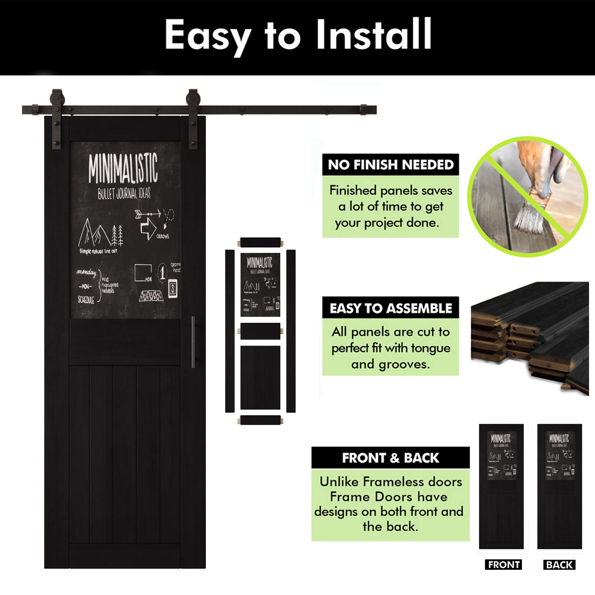 84" Height Black Top Chalkboard Panel Double Unassembled & Finished Pine Wood Barn Doors with Non-Bypass Installation Hardware Kit (Interior Use Only)