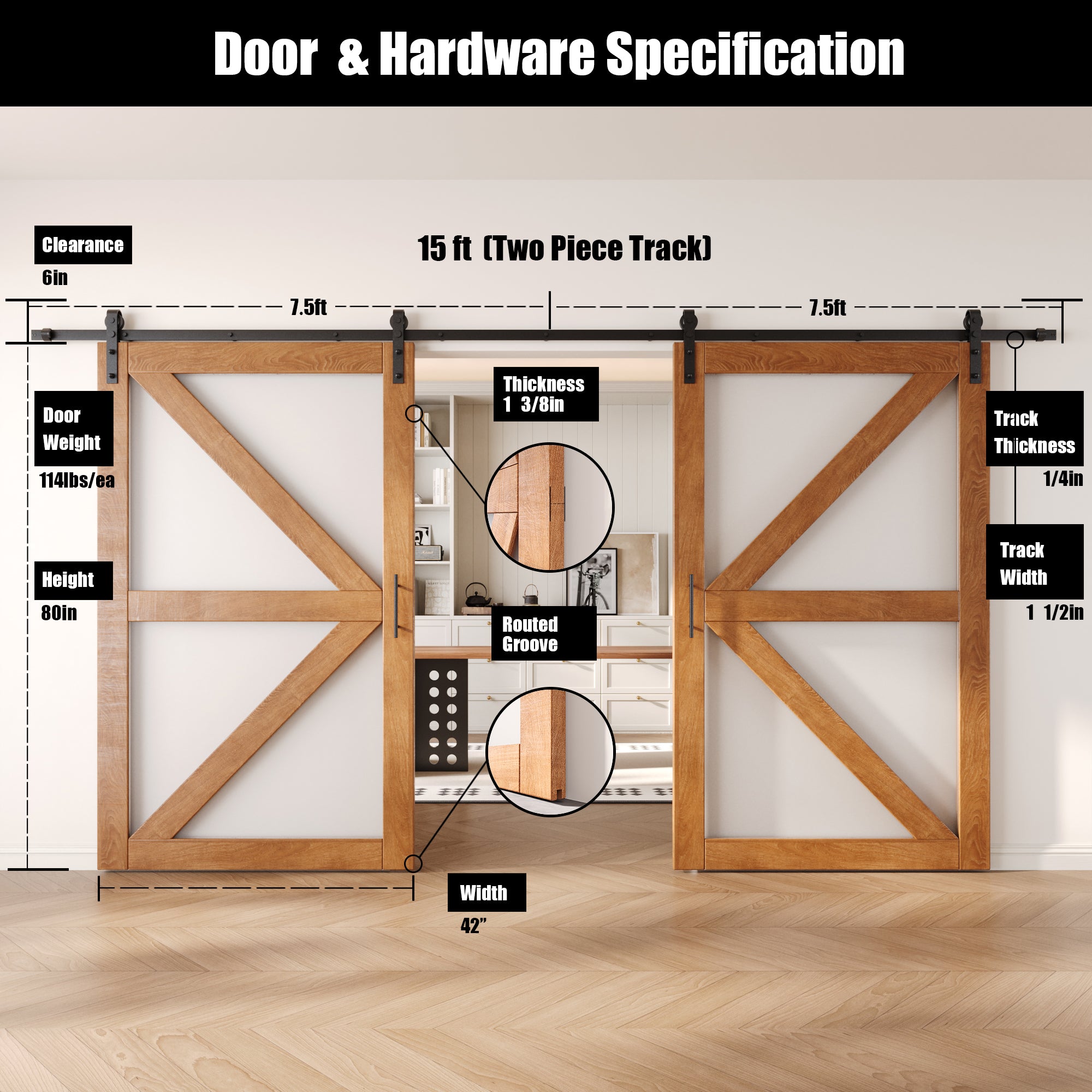 80" Height Early American Frosted Glass Arrow Design Double Unassembled & Finished Pine Wood Barn Doors with Non-Bypass Installation Hardware Kit (Interior Use Only)