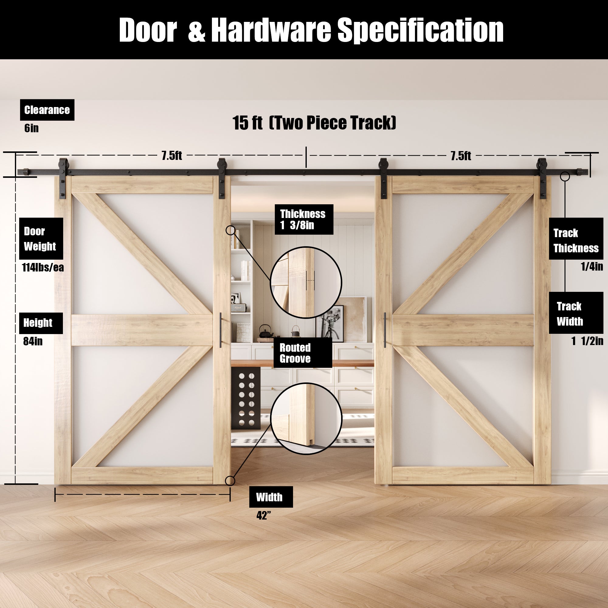 84" Height Arrow Pattern Glass Double Unassembled & Unfinished Pine Wood Barn Doors with Non-Bypass Installation Hardware Kit (Interior Use Only)
